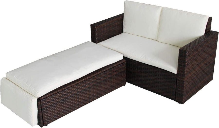 Brown 2-Seater Rattan Outdoor Lovebed with Cushions & Adjustable Footstool