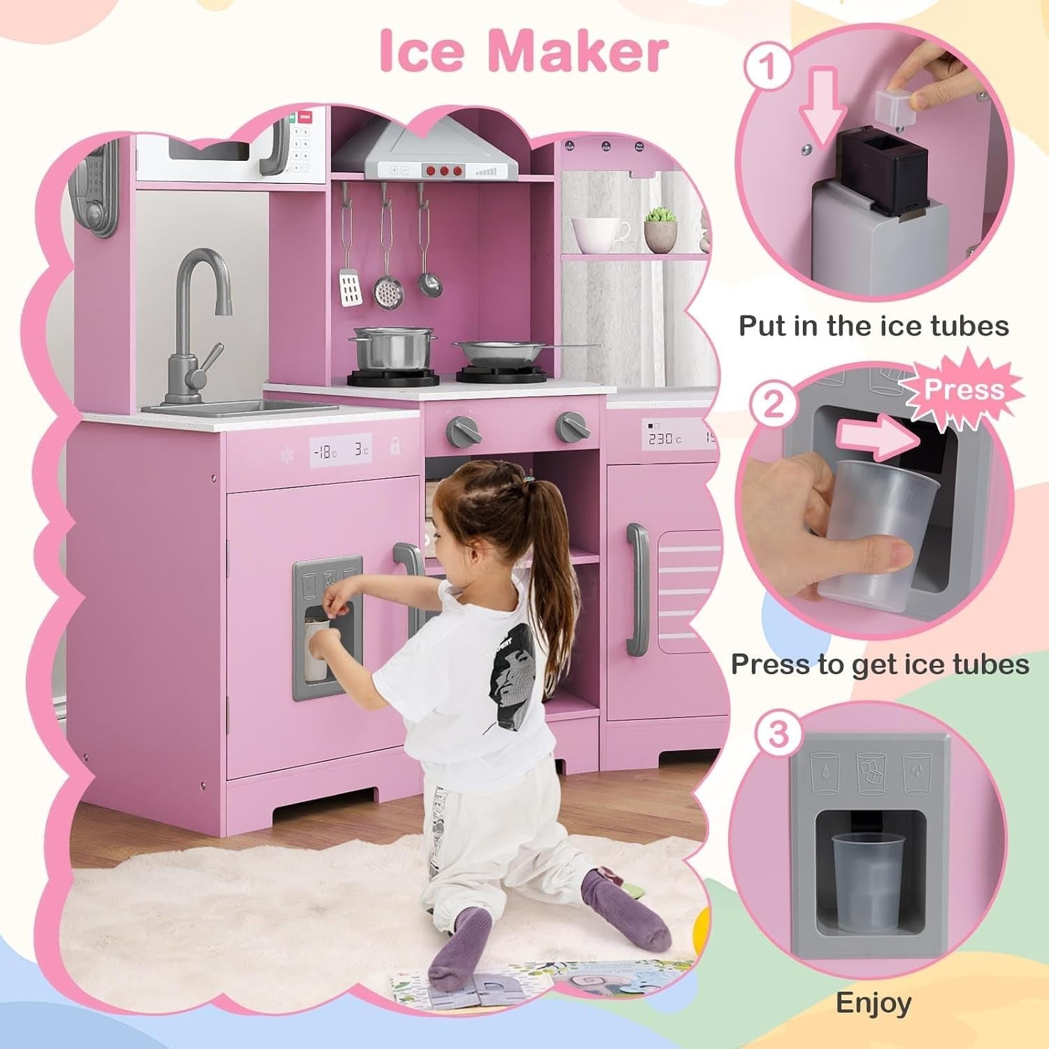 Pink Corner Kids Play Kitchen Lights Sounds Ice Maker Toy