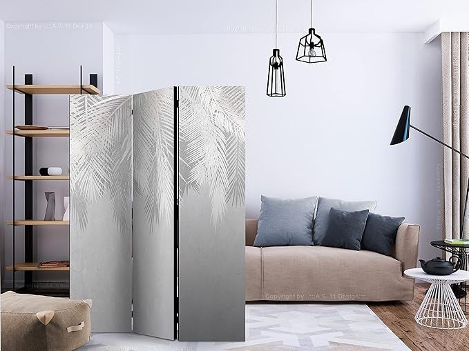 Silver Palm Leaf Folding Room Divider 3 Panel Acoustic Canvas Privacy Screen