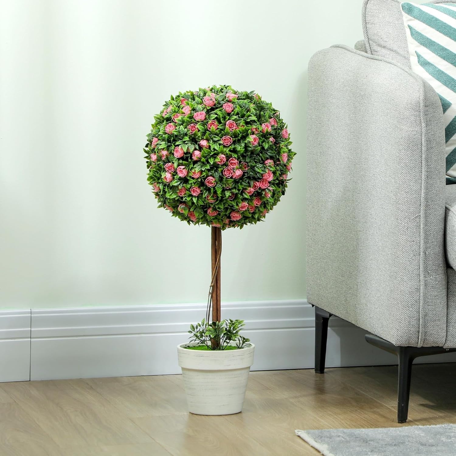 60cm Pink Rose Ball Topiary Trees Set of 2 in White Pot Floral Home Garden Decor
