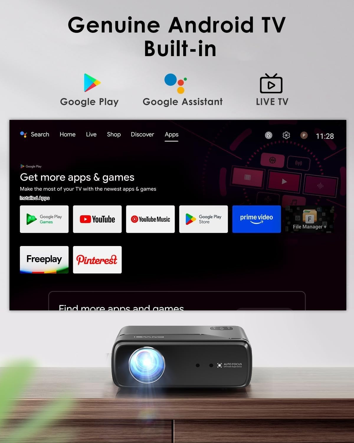 Smart 4K Projector 1400 ANSI Android TV WiFi 6 Bluetooth Auto Focus