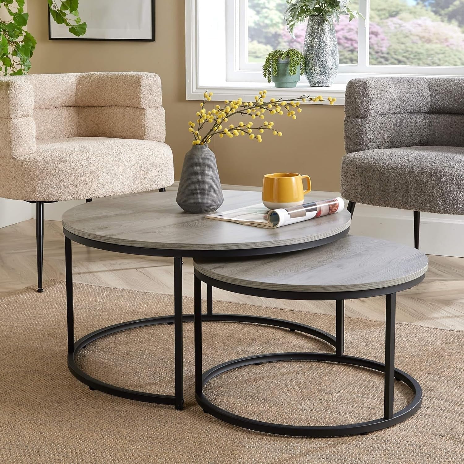 Modern Nesting Coffee Table Set 2 Round Grey Metal Stackable Industrial Style