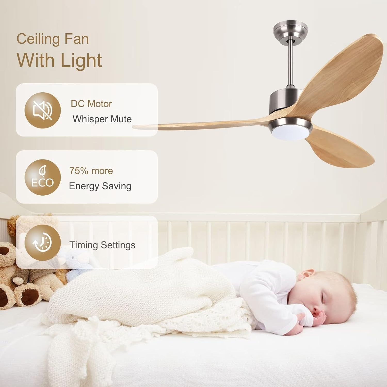 Ovlaim 132cm Silent Wood Ceiling Fan, LED Light, Reversible DC Motor, Remote