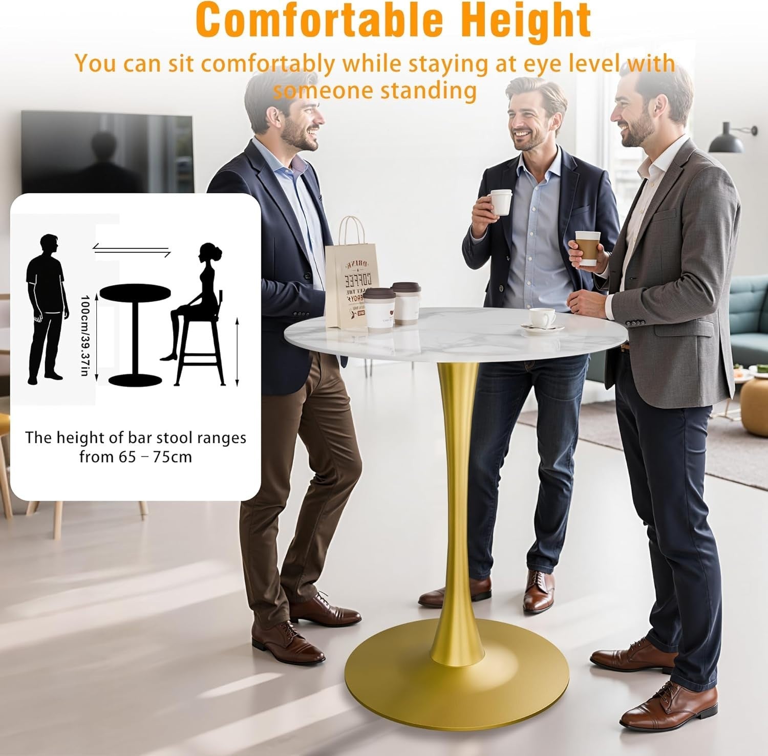 Rich White 76cm Round Bar Table Tall 100cm Sintered Stone Top Gold Metal Base