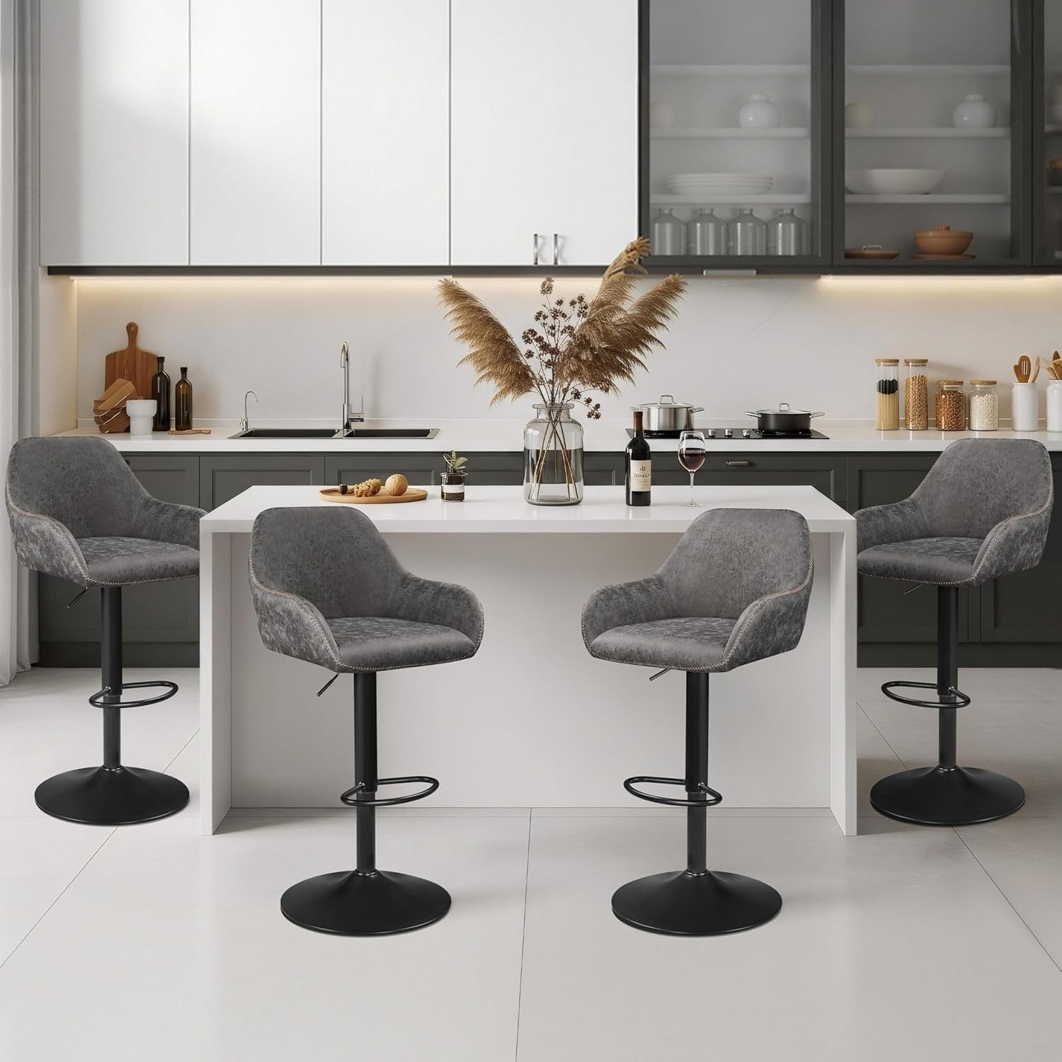 Adjustable Grey PU Leather Bar Stools Set of 2 – Swivel Counter Chairs