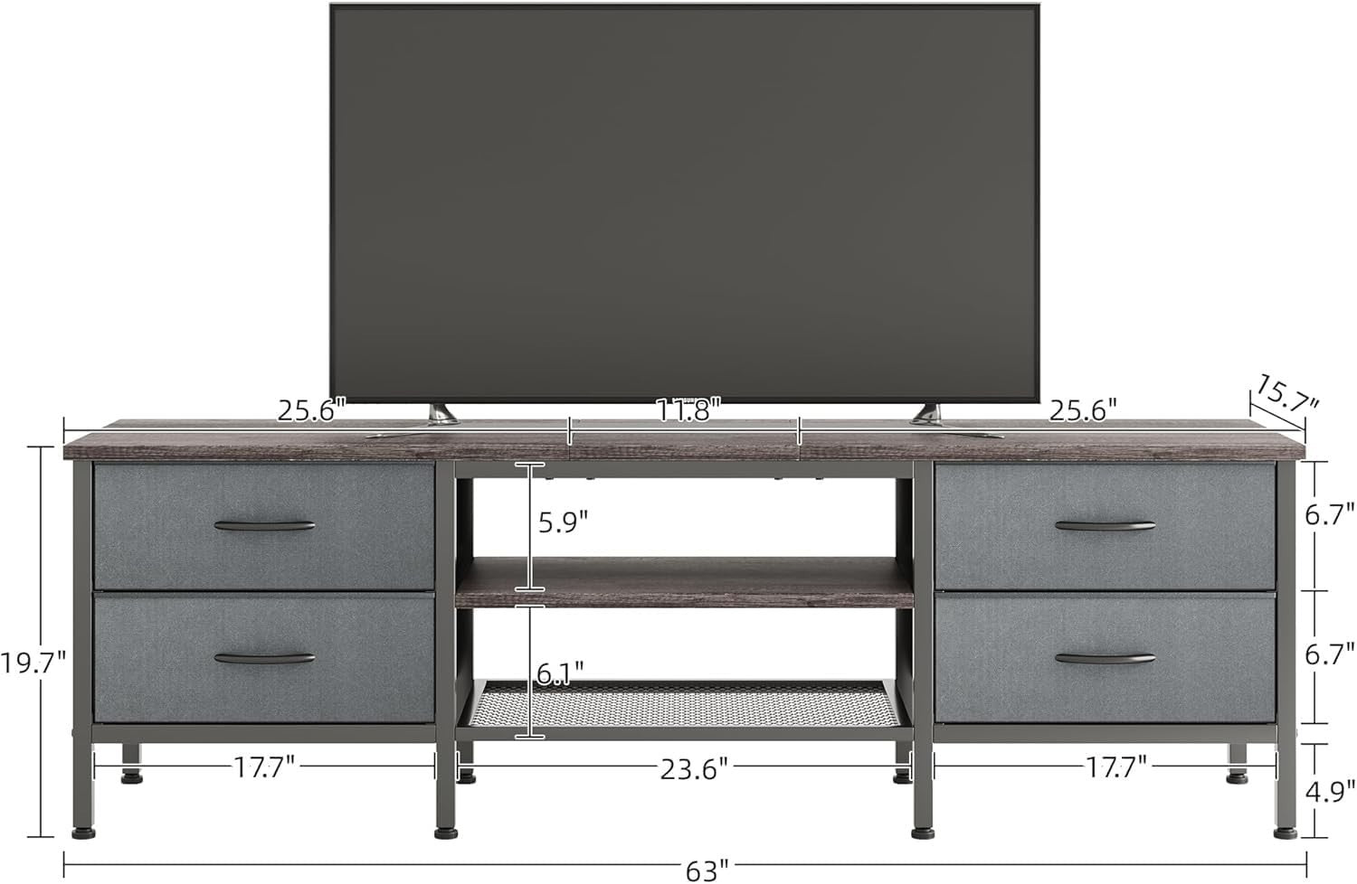 63” Grey TV Unit for 70 Inch Screen | Media Console Storage Drawers Cabinet