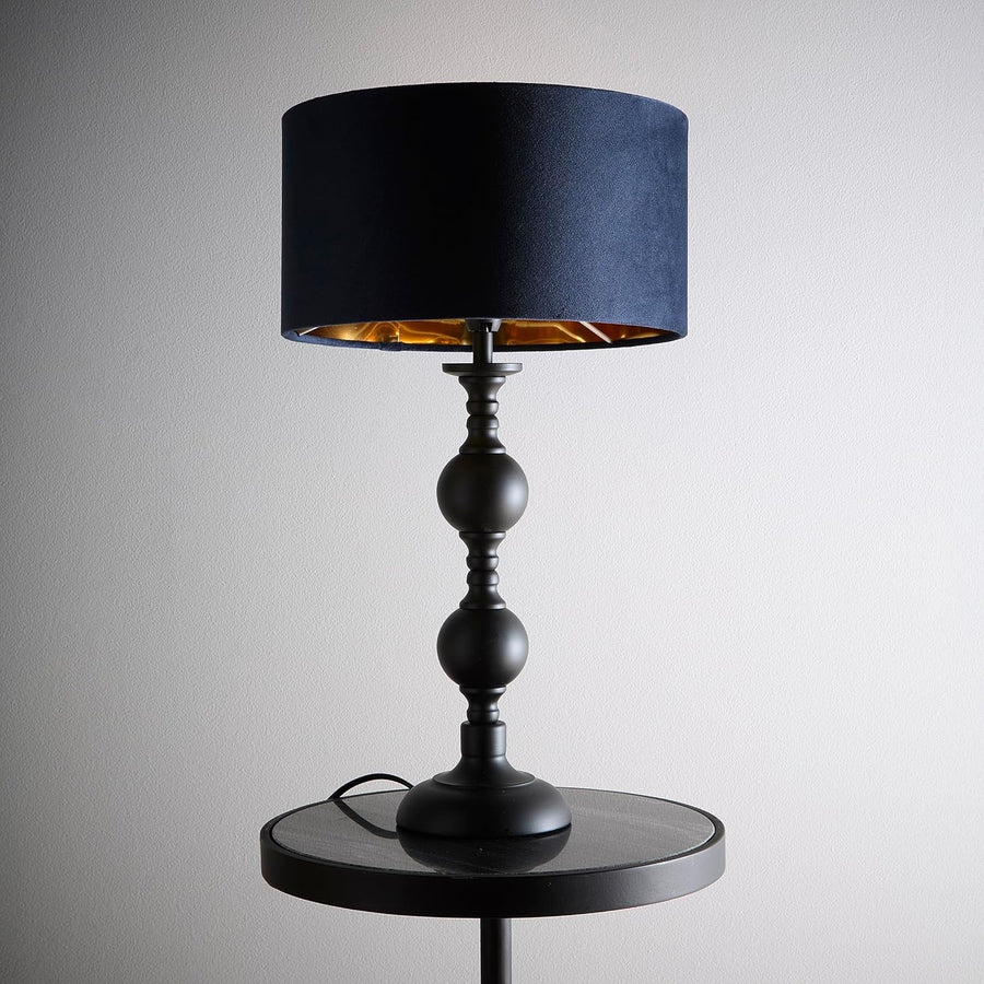 Black Metal Table Lamp Navy Velvet Shade Gold Lined Modern Bedside