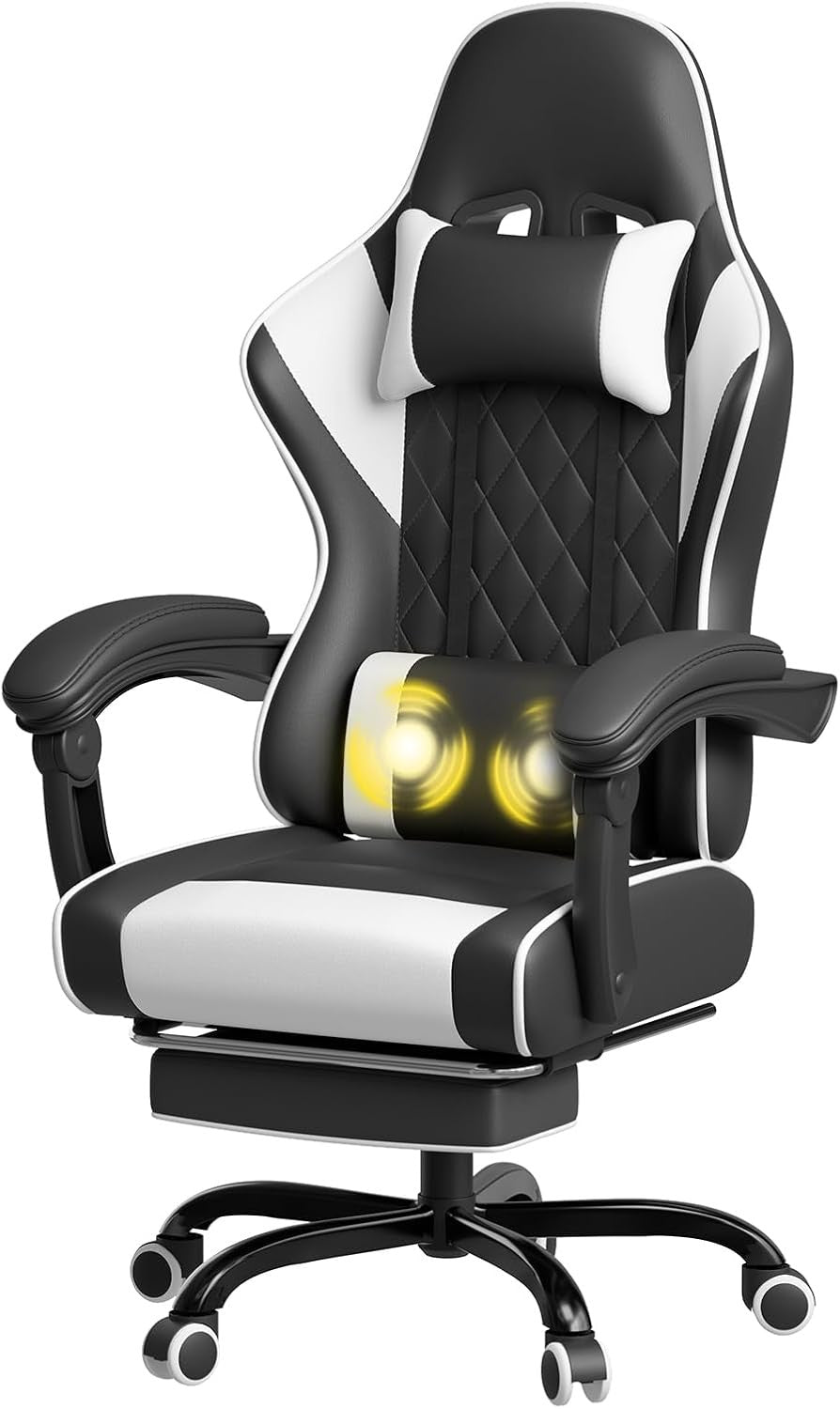 Gaming Chair with Massage Lumbar Recliner Footrest 150kg White