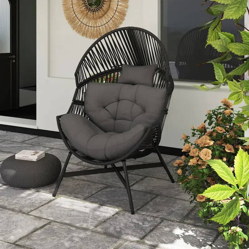 Outdoor Rattan Egg Chair with Cushion Headrest Patio Garden Lounge Seat