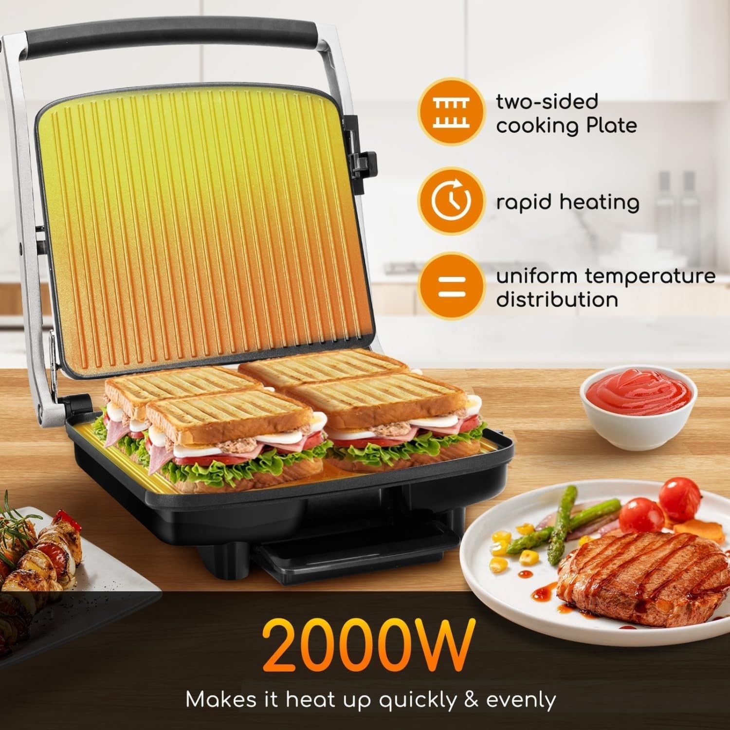 2000W Panini Press Grill Sandwich Maker Non-Stick Plates Temp Control