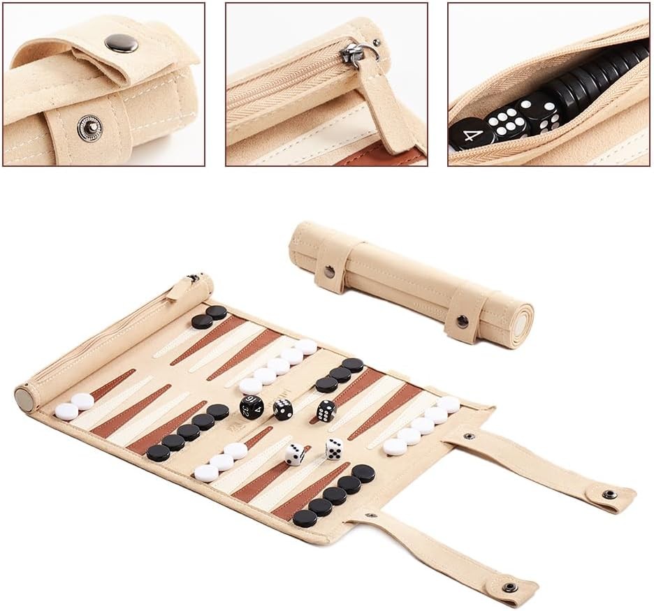 Backgammon Travel Game Roll Up Board Portable Set with Dice Pieces Case