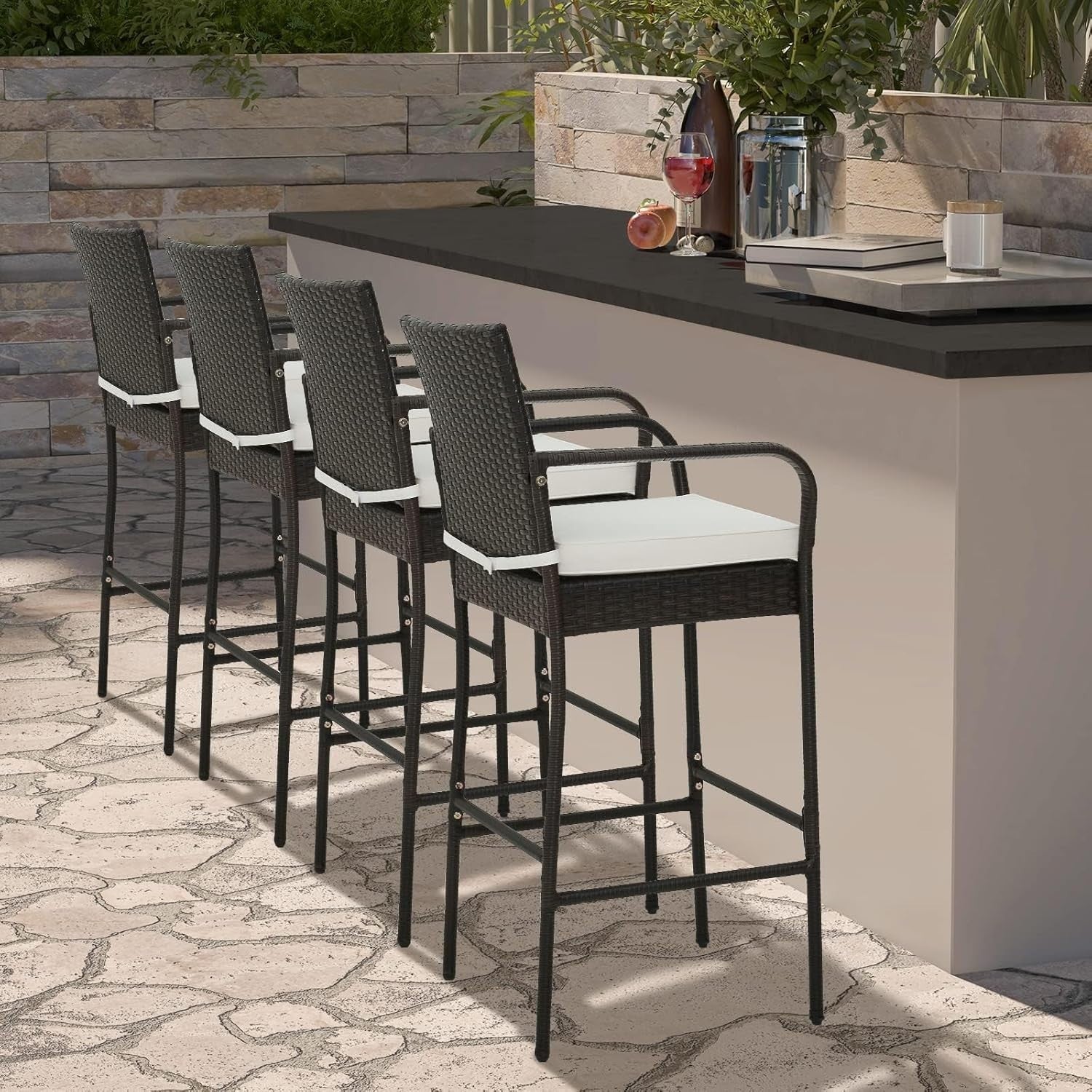 Rattan Bar Stools Set of 4 High Back Counter Chairs Cushions Footrest