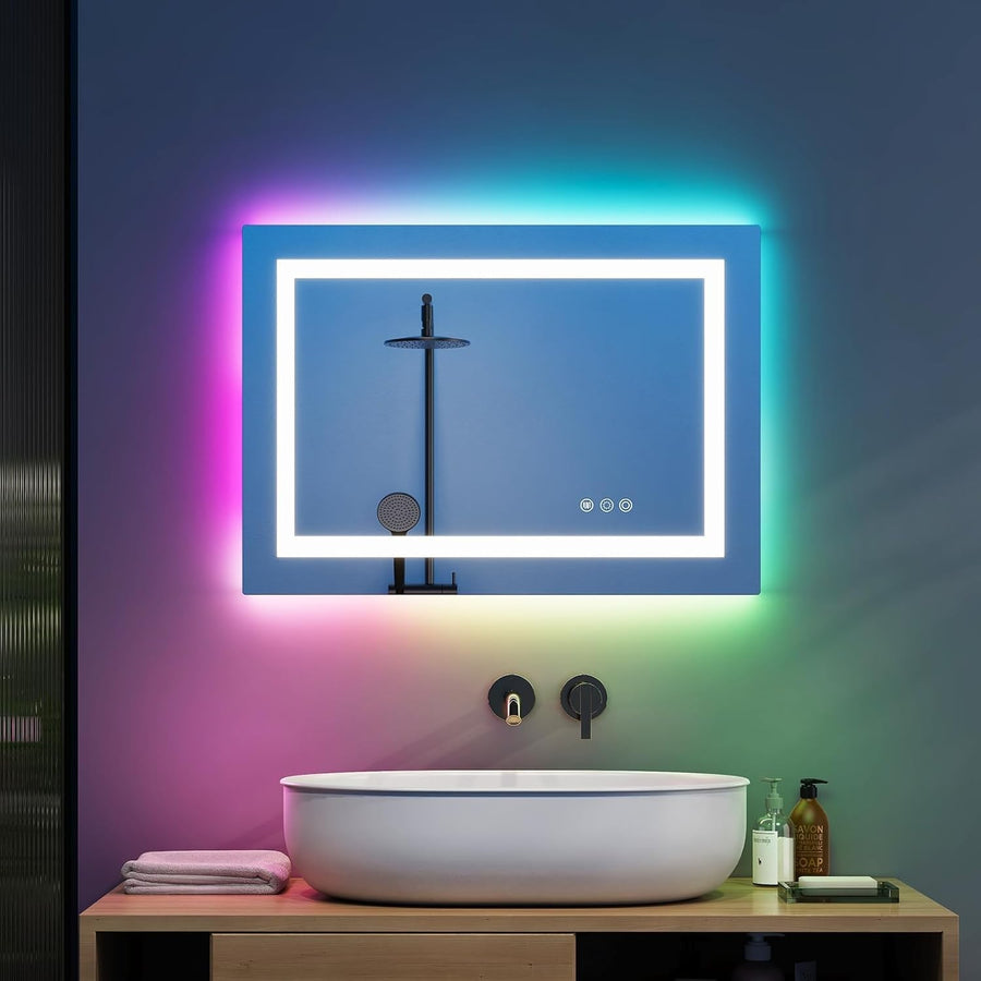 RGB LED Bathroom Mirror 60x45cm Wall Mounted Light Anti-Fog Touch Pad