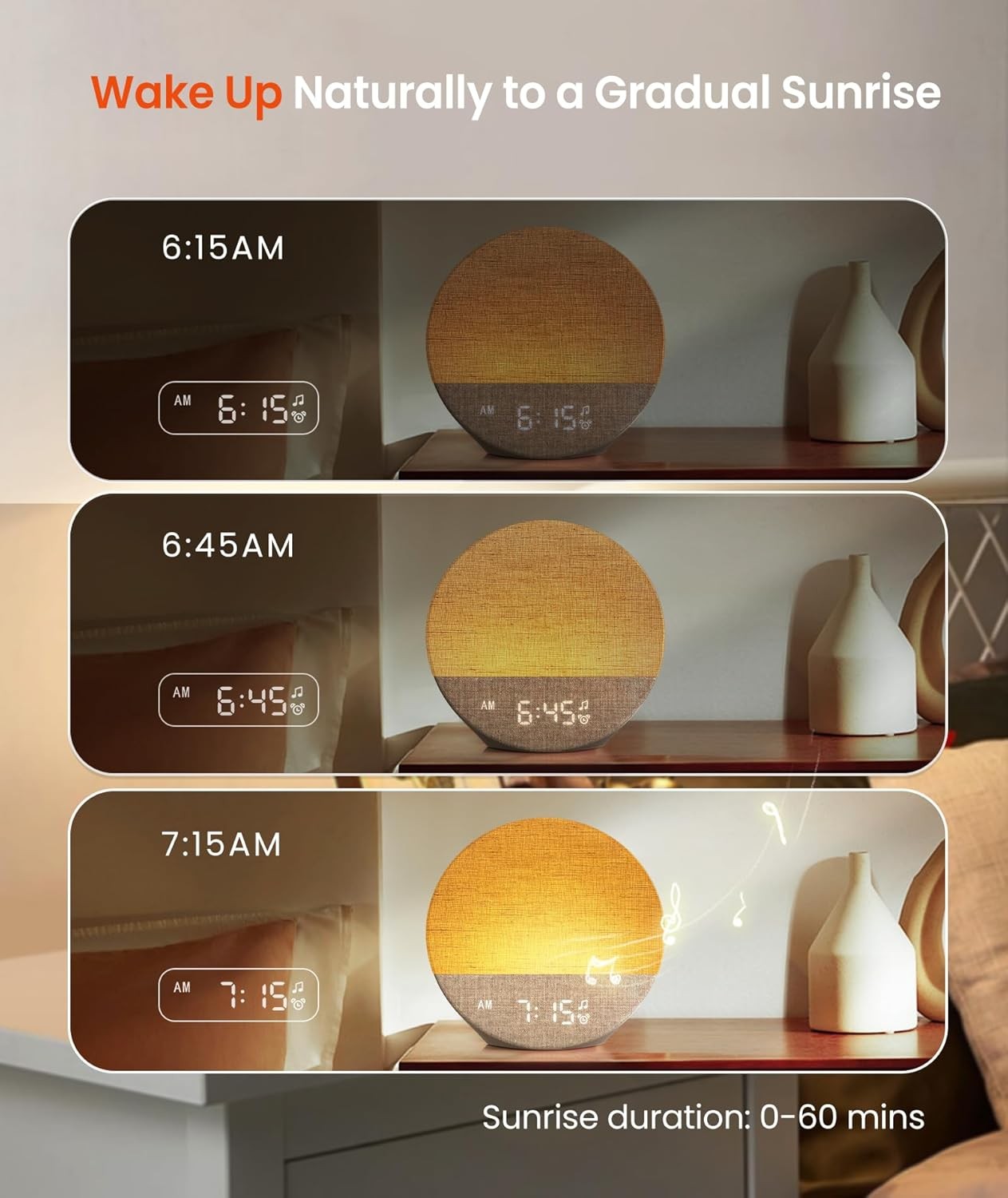 Sunrise Alarm Clock Wake Up Light White Noise Sounds Dimmable Night Lamp