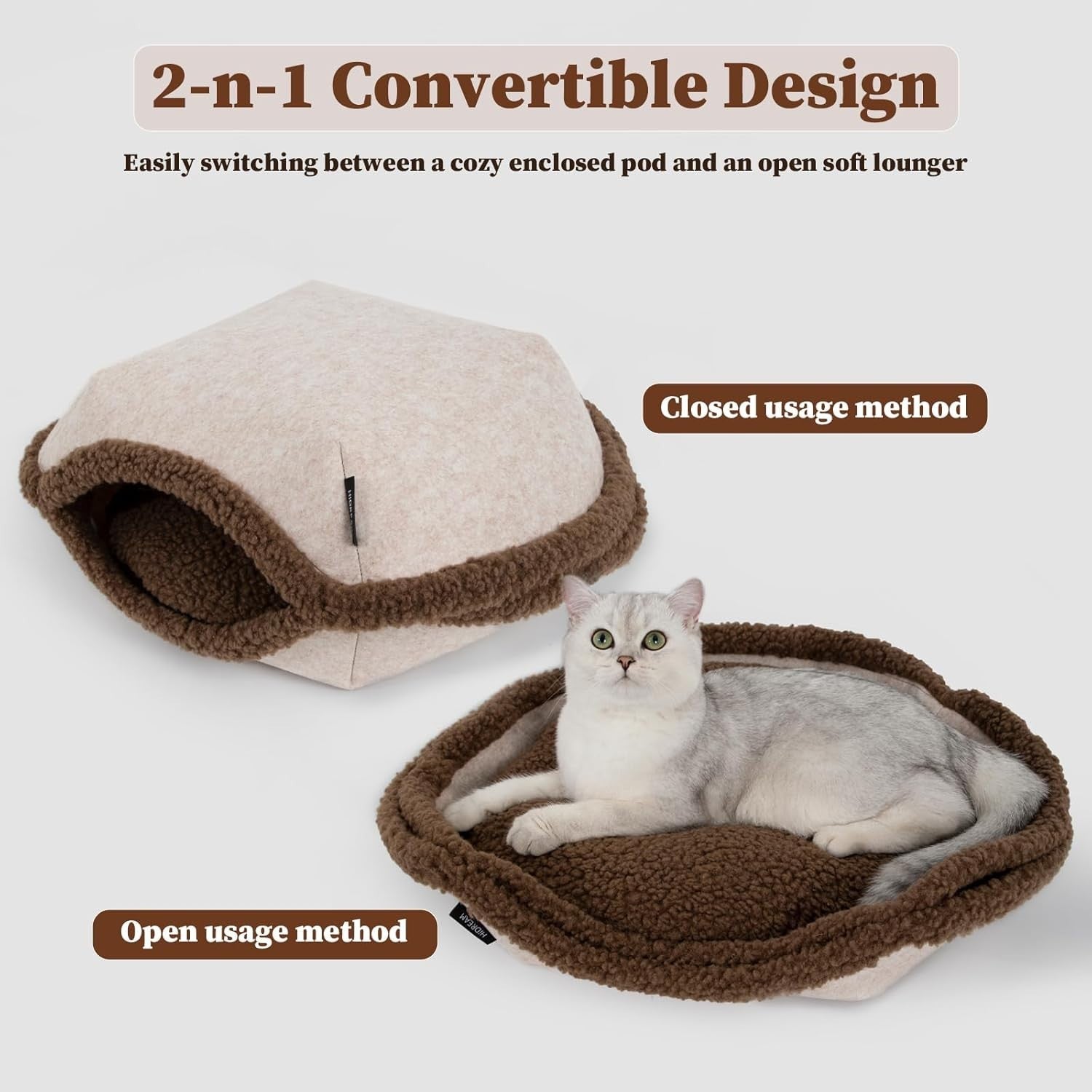 2 in 1 Plush Cat Bed Shell Design Calming Kitten House w Cushion