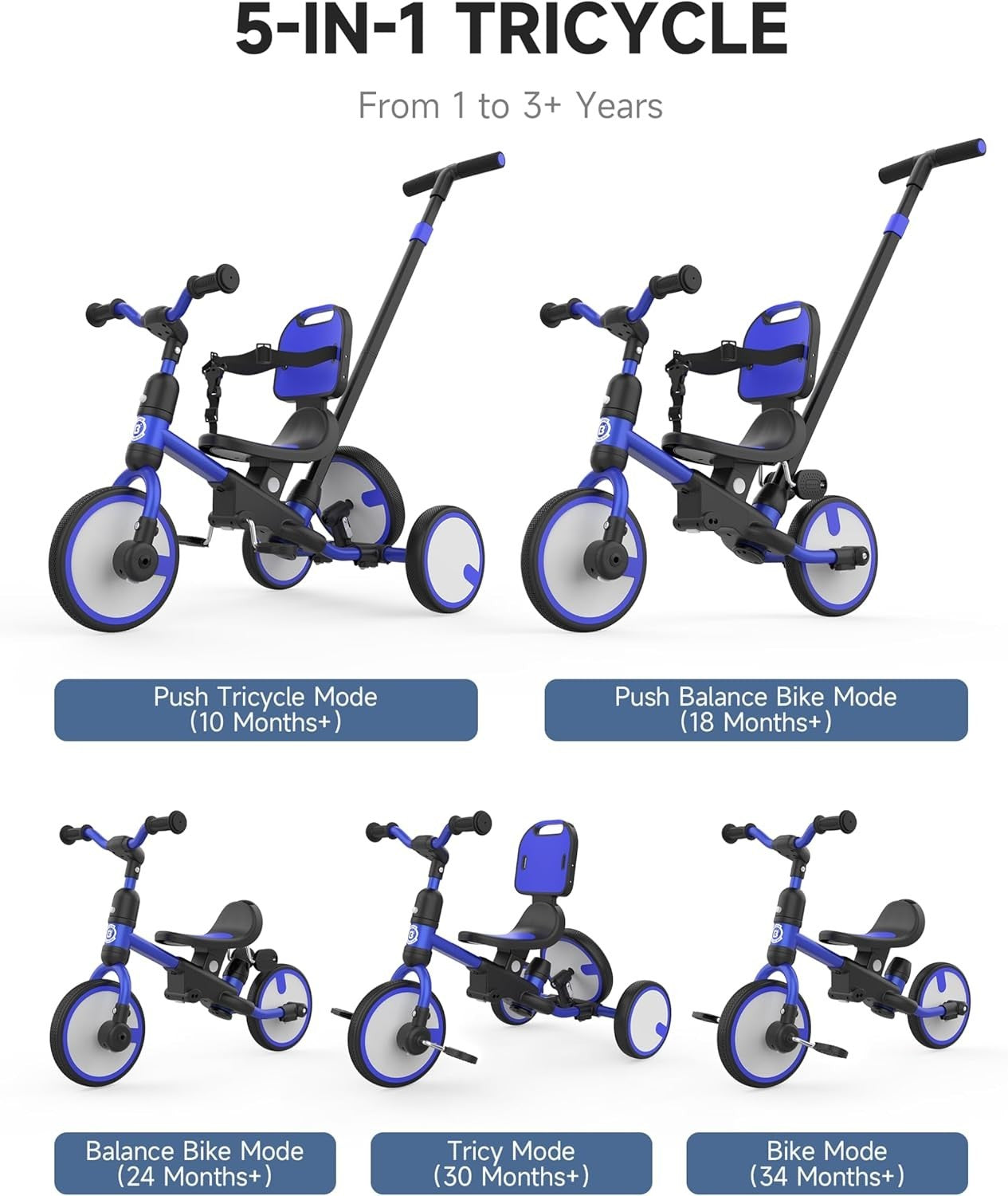 Convertible Toddler Tricycle Balance Bike Push Handle Safety Seat