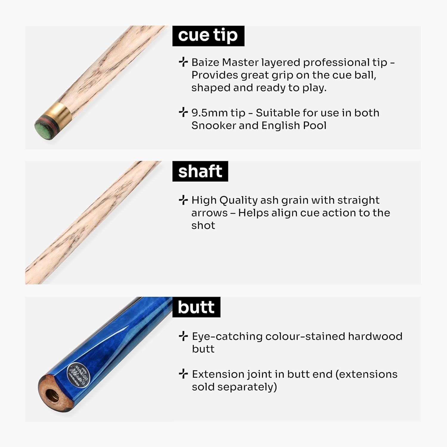 48in Junior Snooker Pool Cue 2 Piece Ash Shaft 9.5mm Layered Tip