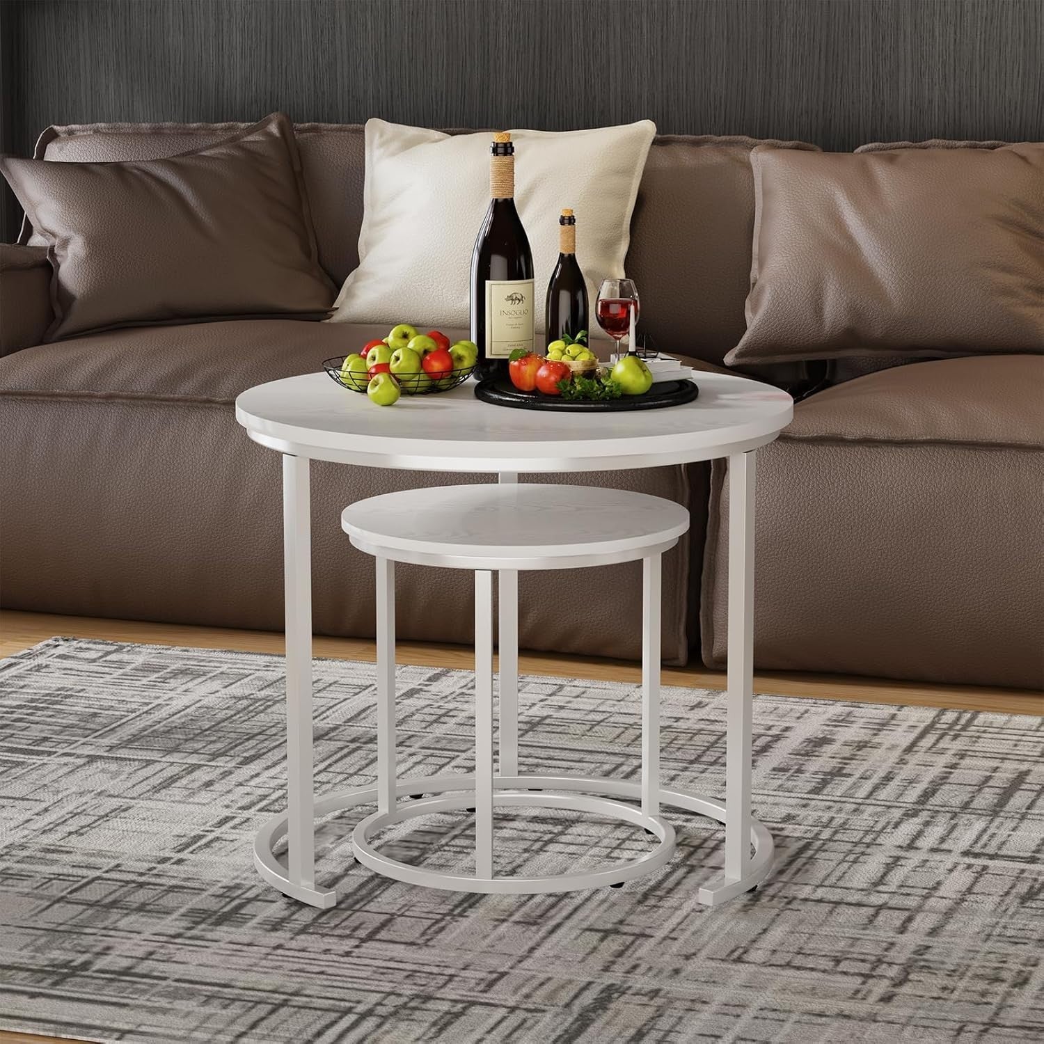 Nesting Coffee Tables Set of 2 Round White Marble Top Metal Frame Living Room