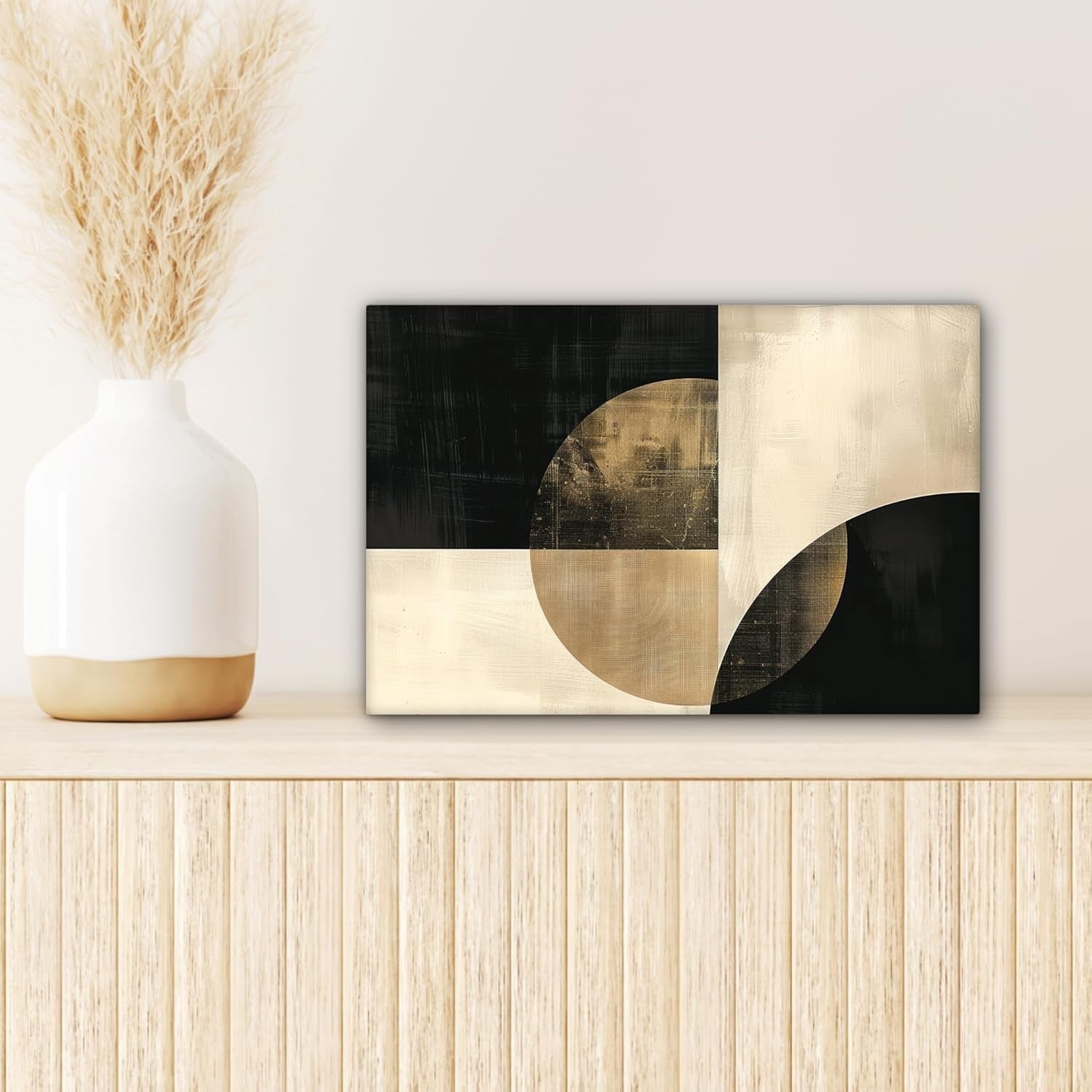 Abstract Black Gold Circles Canvas Wall Art 30x20cm Modern Decor