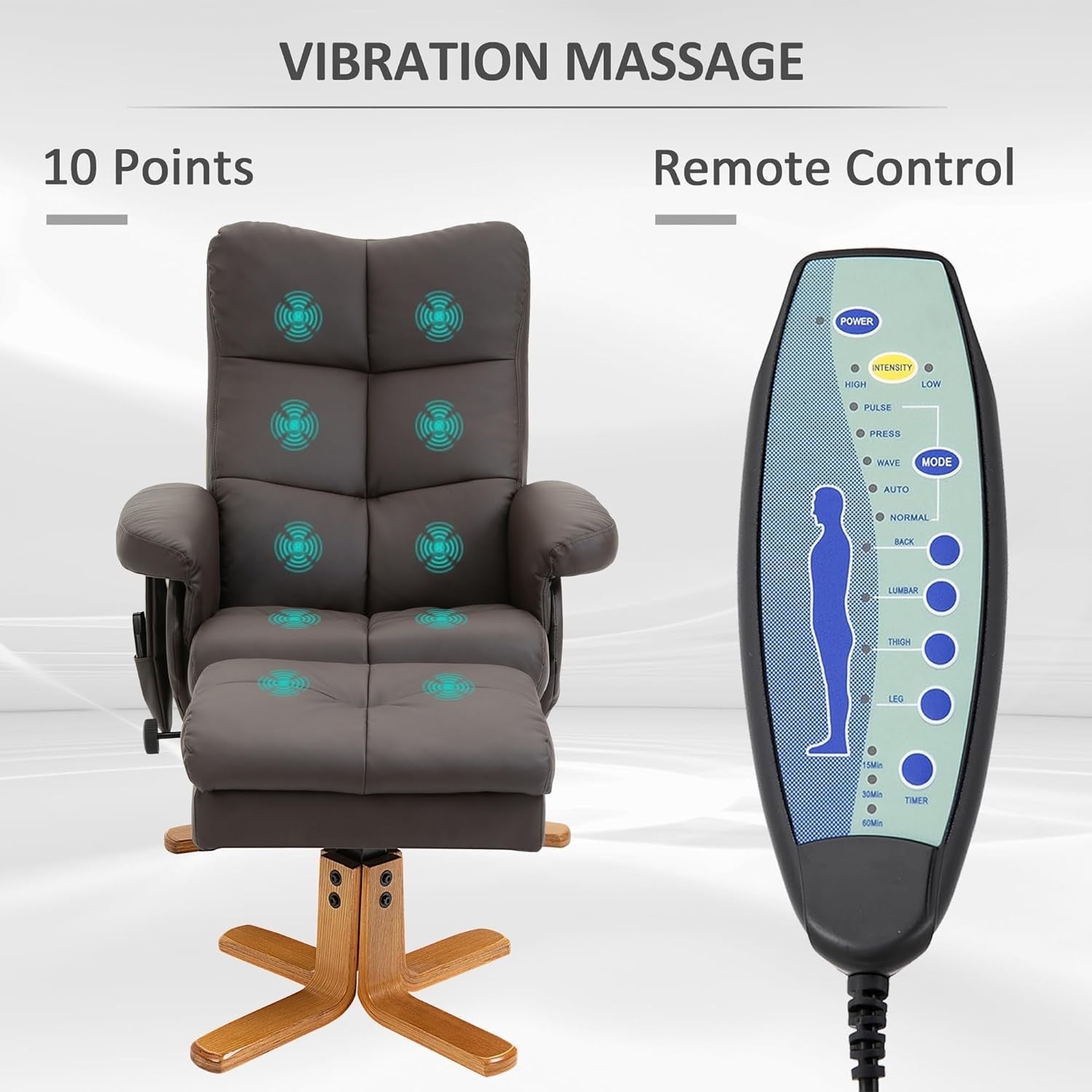 Massage Recliner Chair w/ Footstool Heat 145° Tilt Swivel Faux Leather Brown