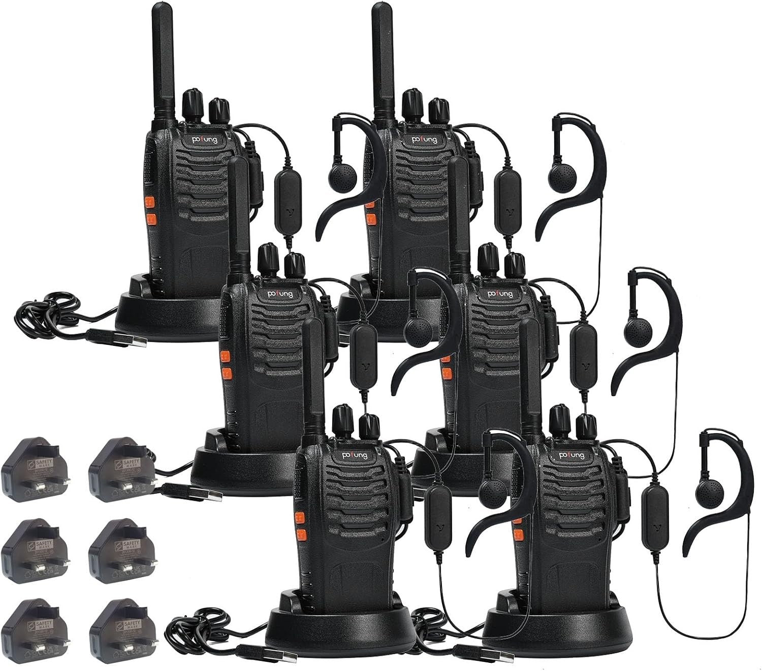 PMR446 Walkie Talkies 6 Pack Long Range 16 Channel VOX Rechargeable