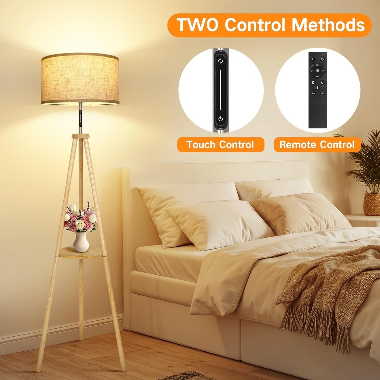 Wooden Tripod Floor Lamp Touch Control Dimmable Remote Shelf Linen Shade