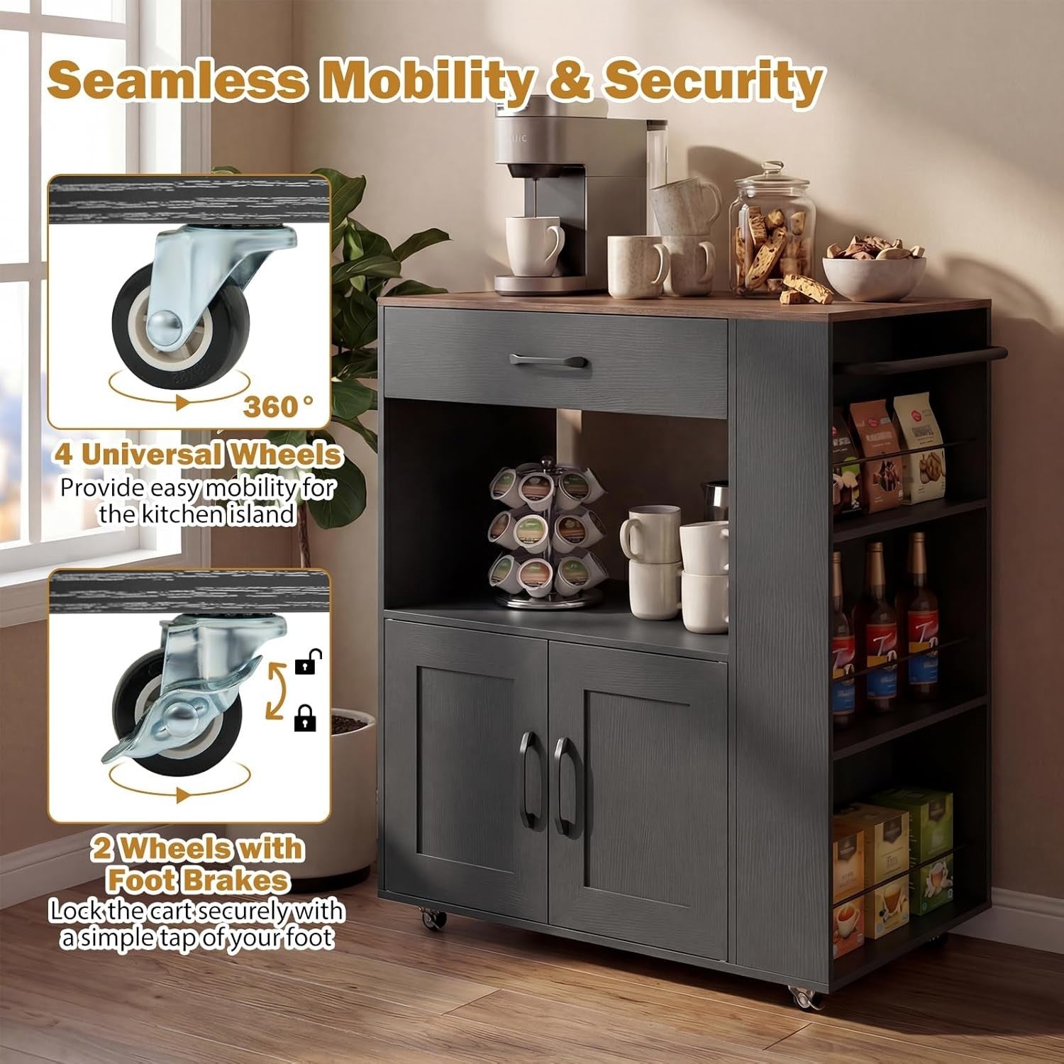 Kitchen Island Trolley Cabinet with Spice Rack Black