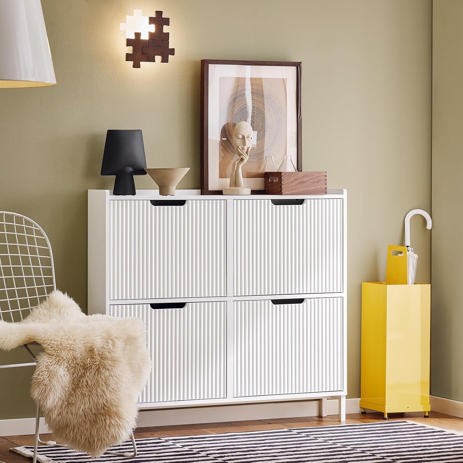 White Slim Shoe Cabinet 4 Flip Drawers – Wide Narrow Hallway Storage 100cm