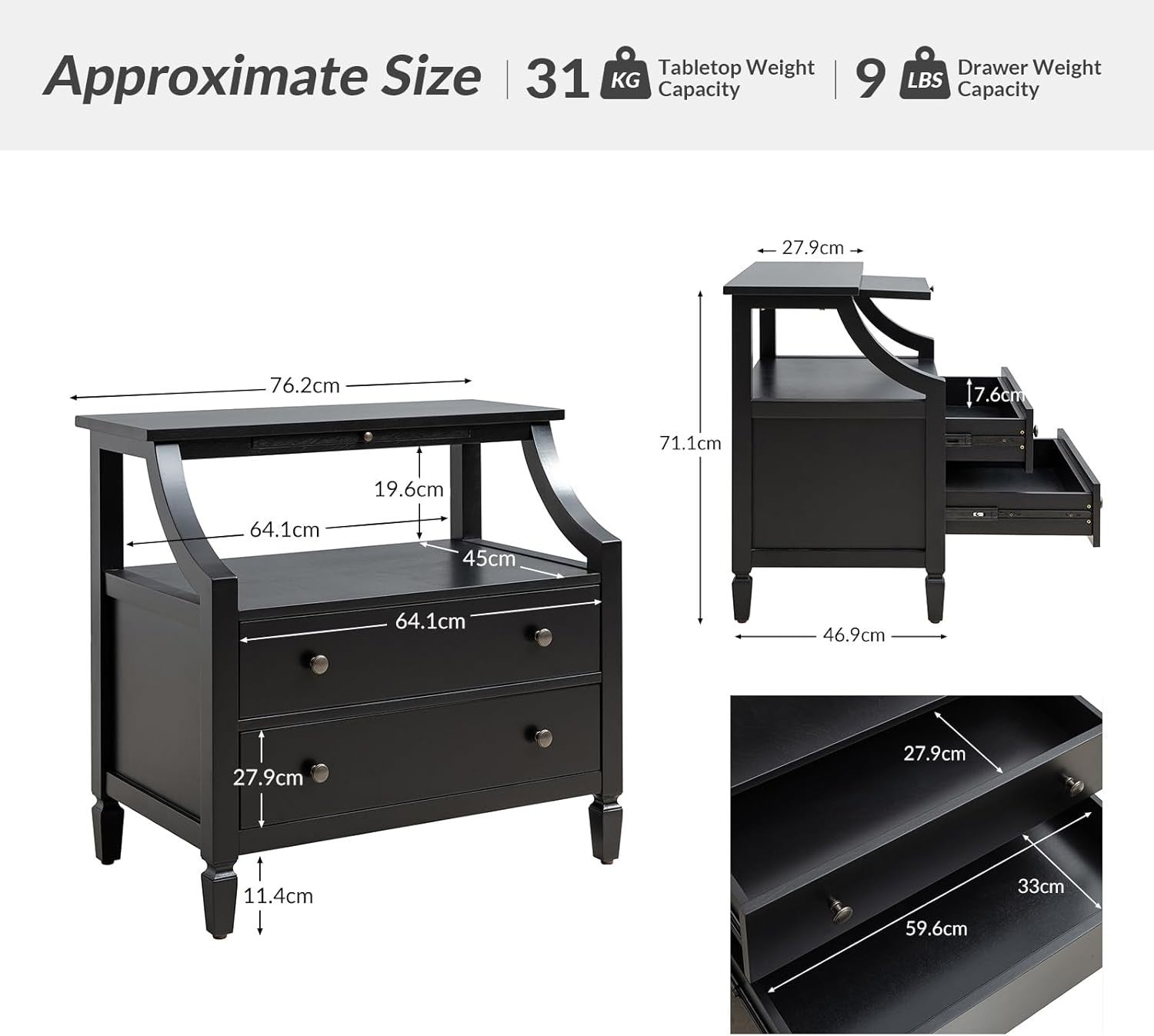 Modern Black Bedside Table with 2 Drawers & Open Shelf, Solid Wood Legs