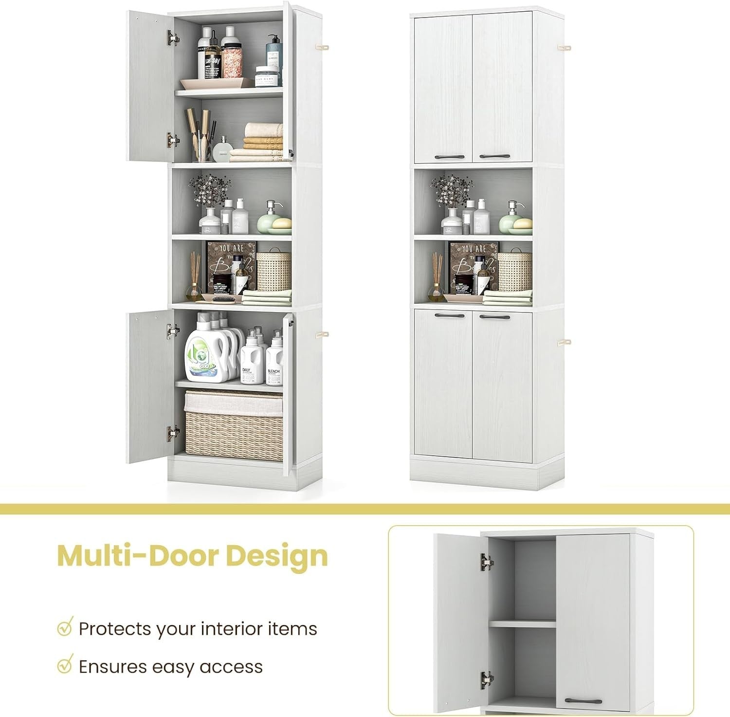 190cm Tall Kitchen Cupboard White Oak 4 Doors Open & Closed Storage Cabinet