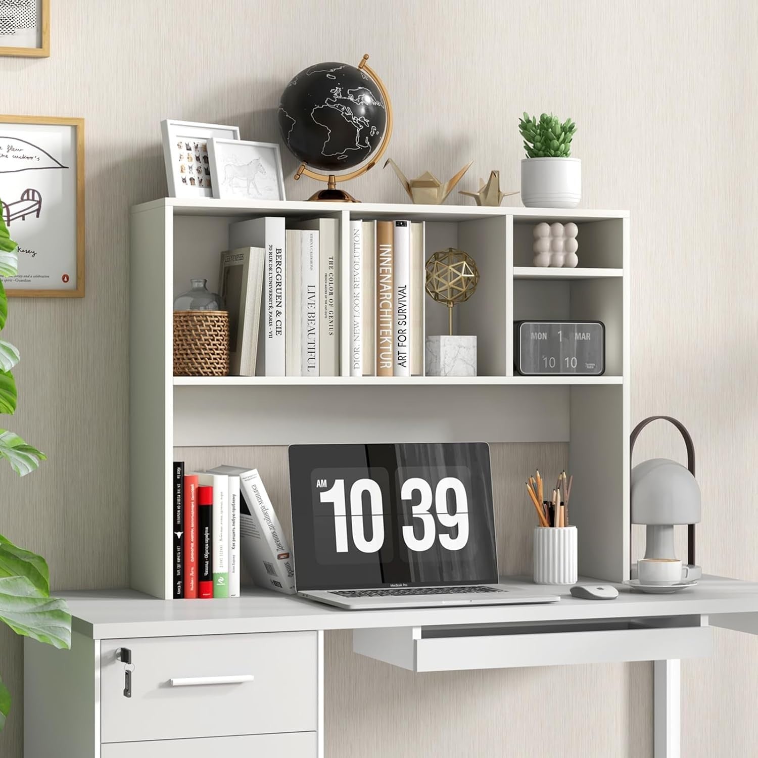 White Desktop Bookshelf Hutch 4-Shelf Countertop Storage Rack Monitor Organizer