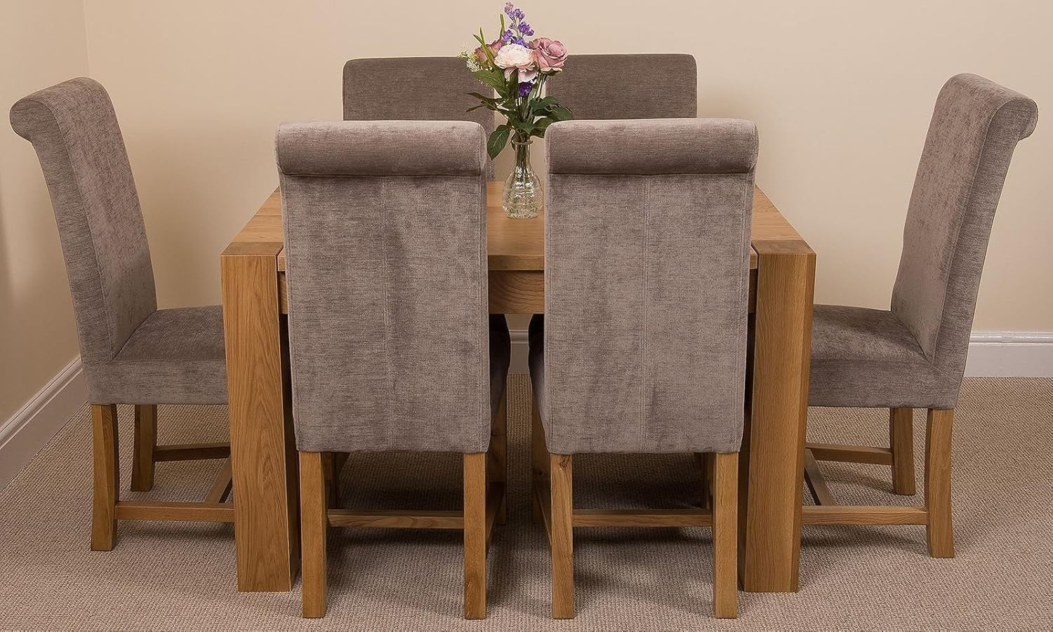 6 Seater Solid Oak Dining Table Set with Grey Fabric Chairs 125x80cm