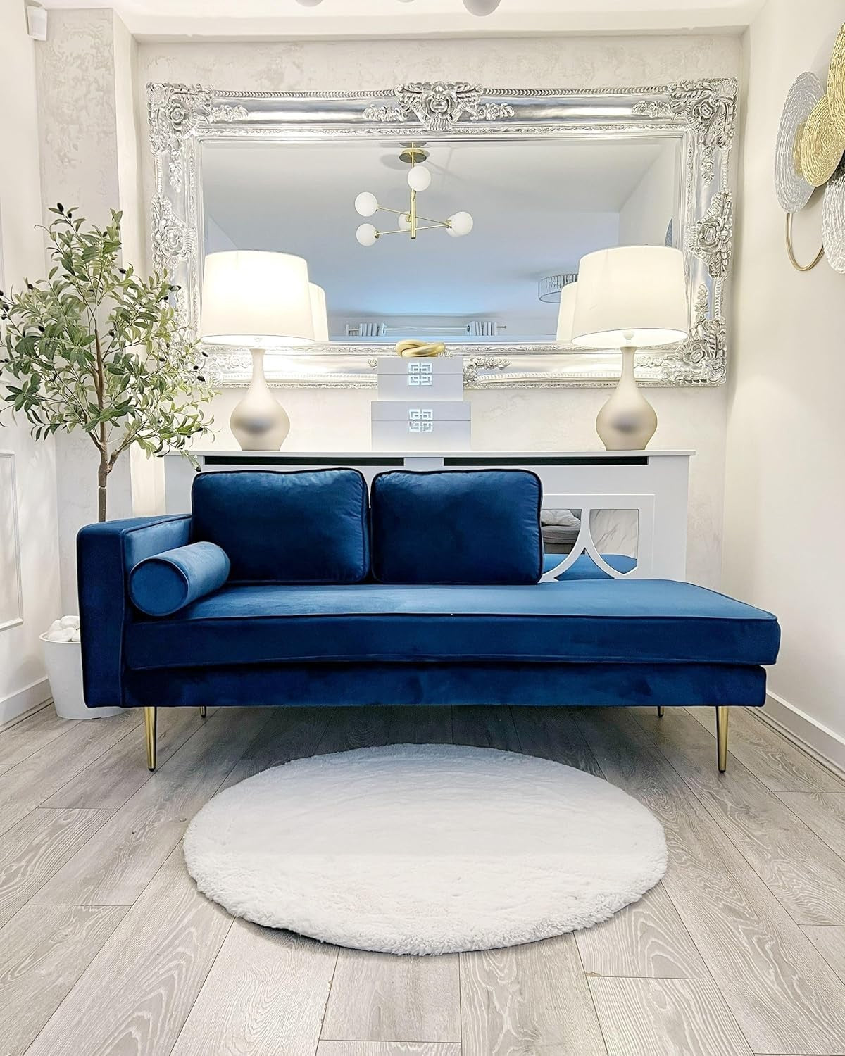 Velvet Chaise Lounge Navy Blue | Gold Legs, Cushions, Deep Seat, Compact Glam
