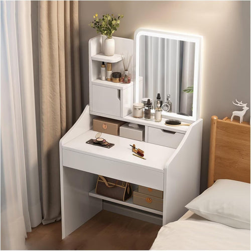 Vanity Makeup Dressing Table Desk 3-Color LED Mirror Storage Drawers White Wood