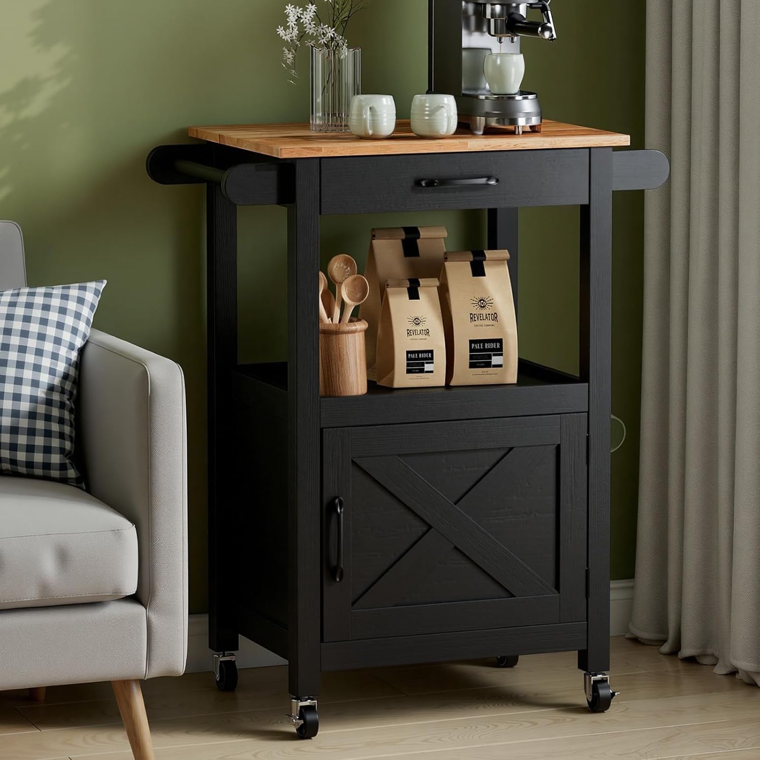Kitchen Island Trolley on Wheels Storage Cabinet Drawer Towel Rail Black