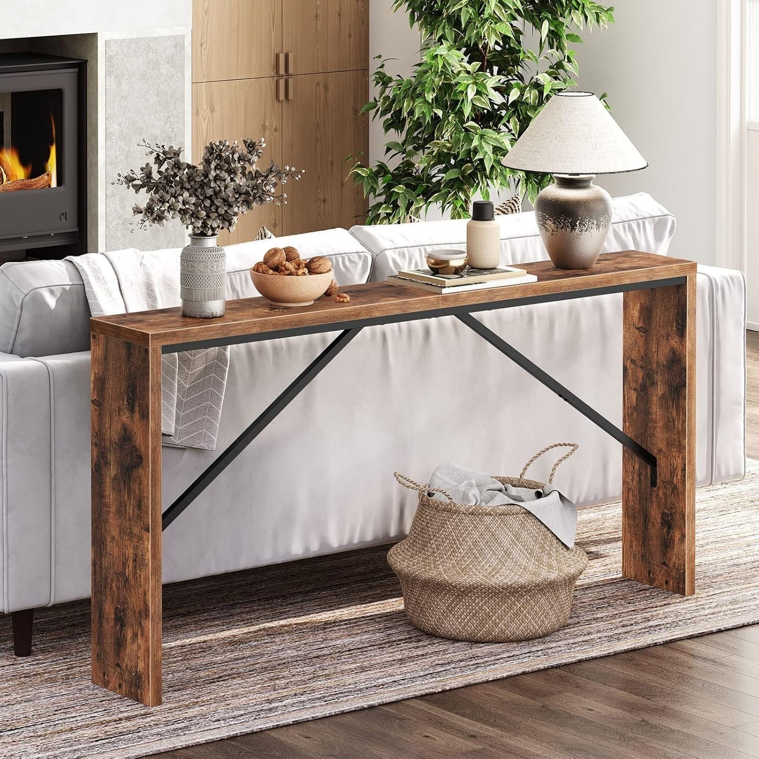 Rustic Brown Console Table, 62.2" Long, Industrial Metal Frame, Multi-Use