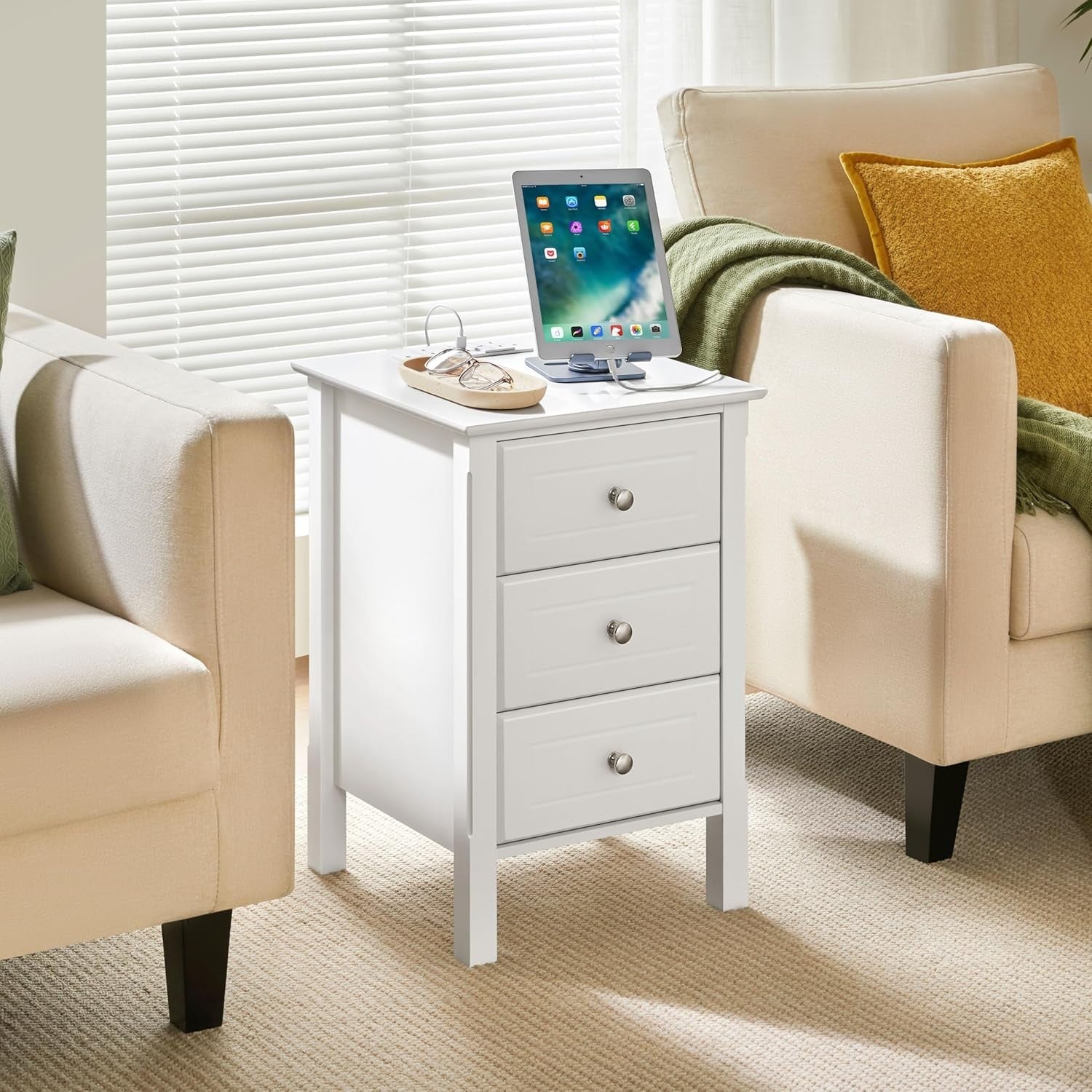 Drawer Bedside Table with Charging Station & USB Ports – White Modern Nightstand