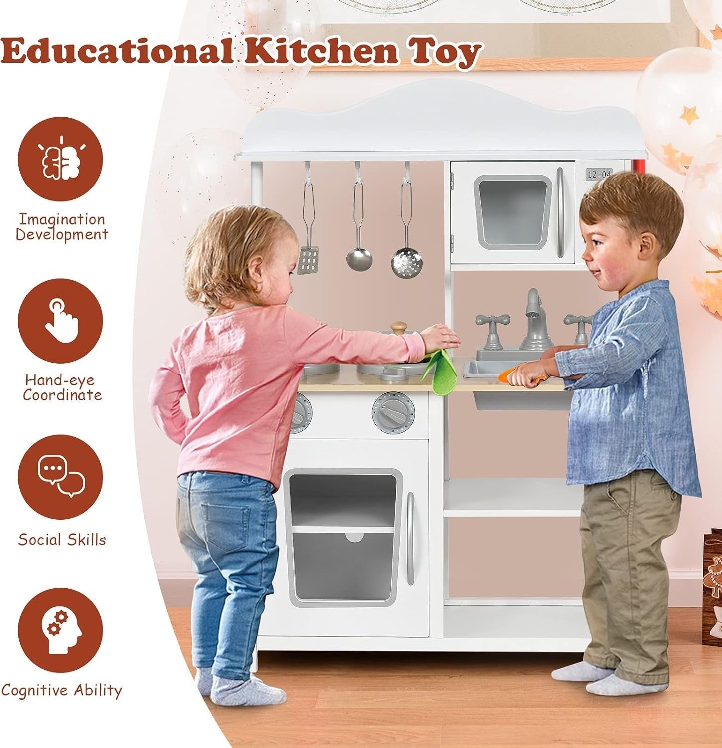 Wooden Kids Play Kitchen w/ Stove Oven Sink Accessories Toy Set
