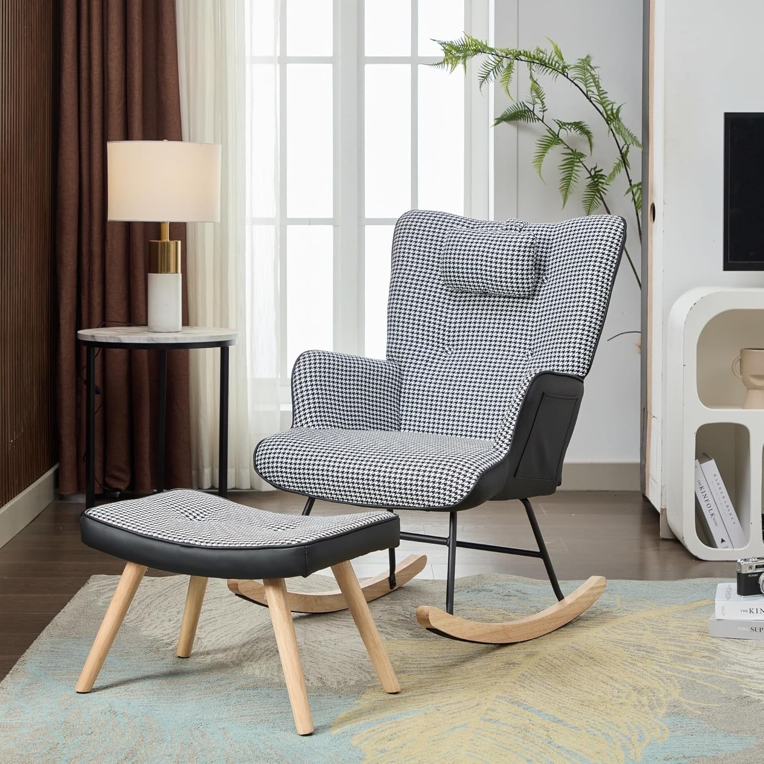 Houndstooth Rocking Chair w/ Footstool & Pillow Lounge Seat for Nursery