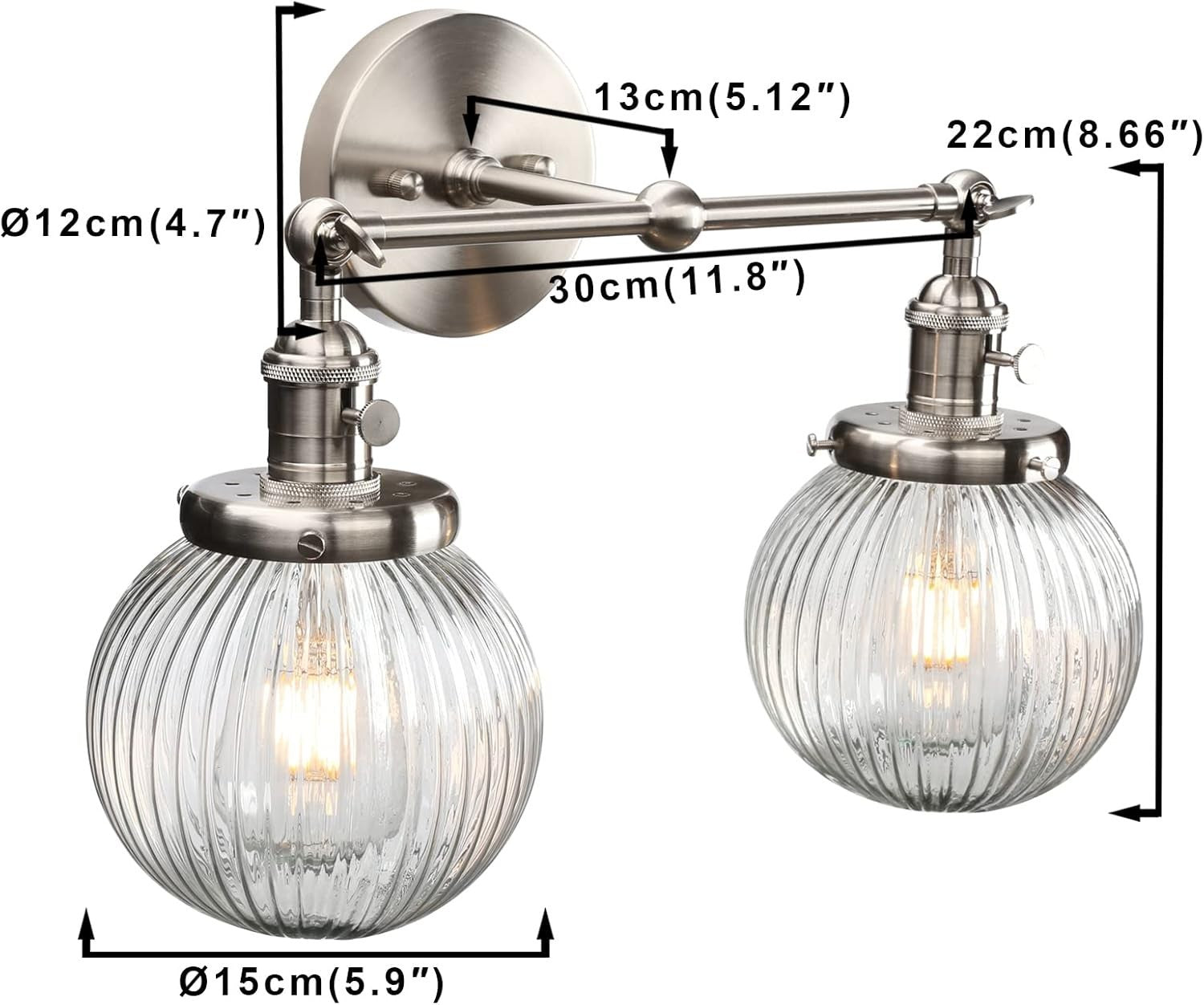 Modern 2-Light Glass Wall Sconce Brushed Metal | Dimmable Bedroom Lamp