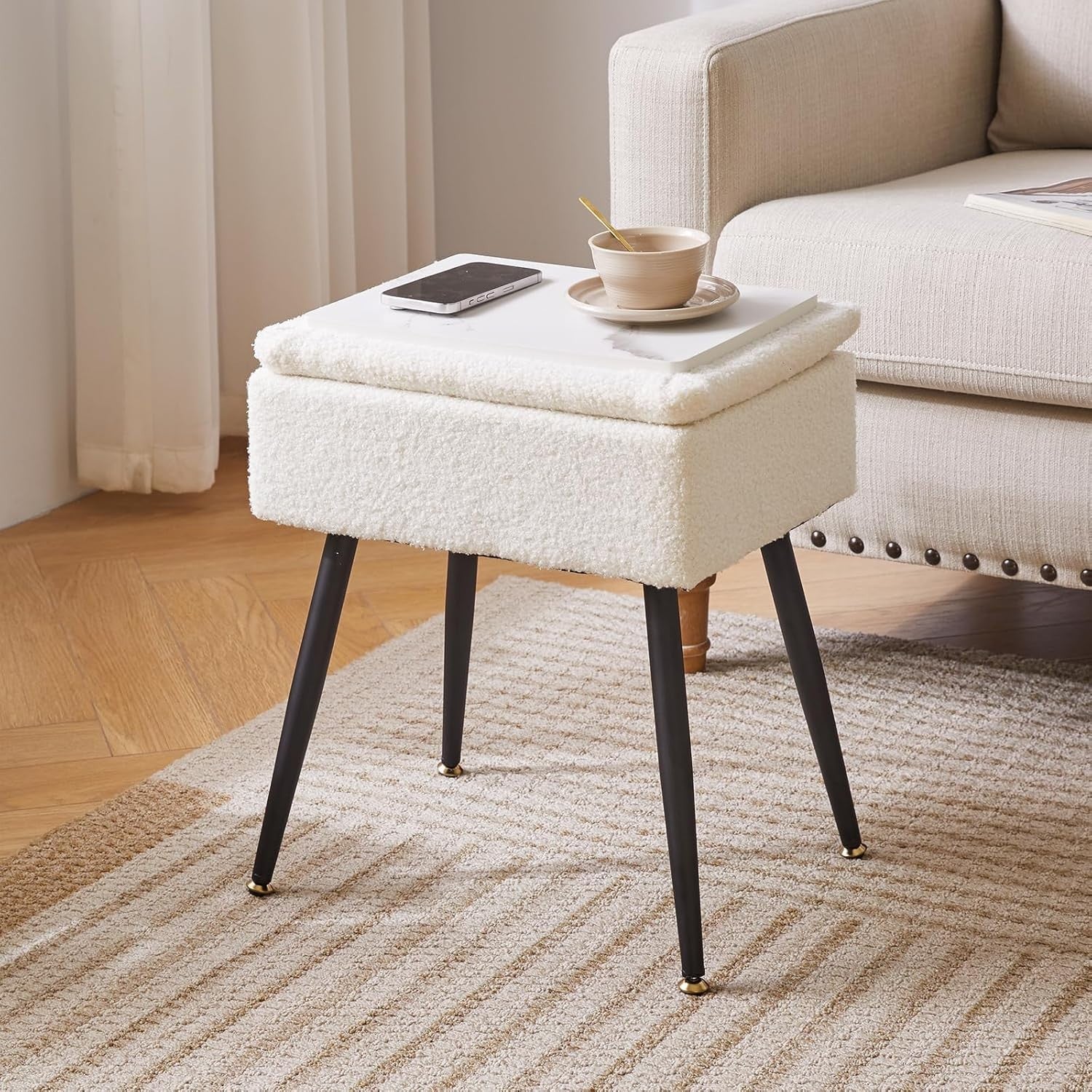 Warm White Teddy Fur Vanity Stool with Storage – Rectangular Makeup Chair