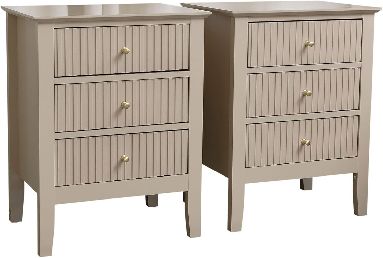 Pair of Modern 3 Drawer Bedside Tables – Taupe Tan Wood Nightstands