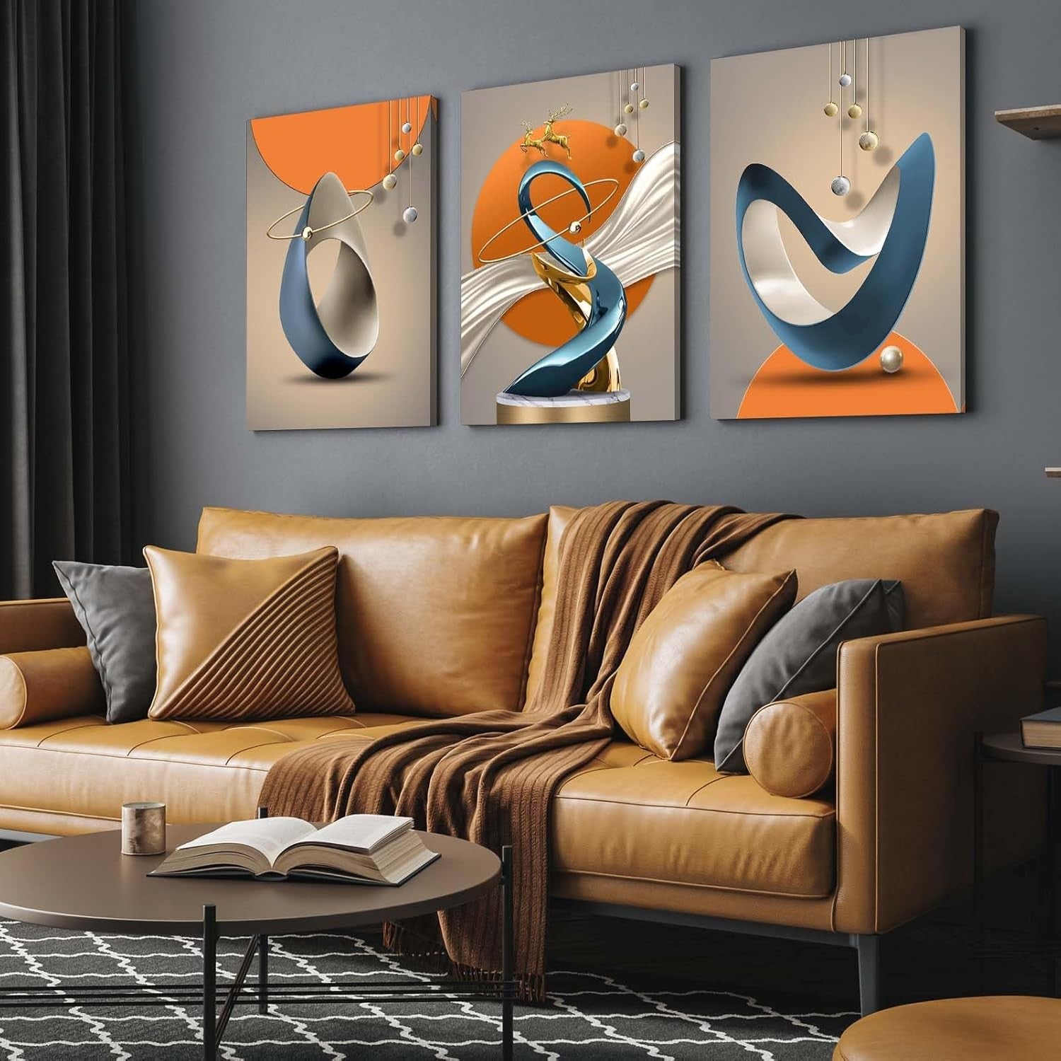 3-Piece Abstract Canvas Wall Art Blue Gold Orange Modern Decor