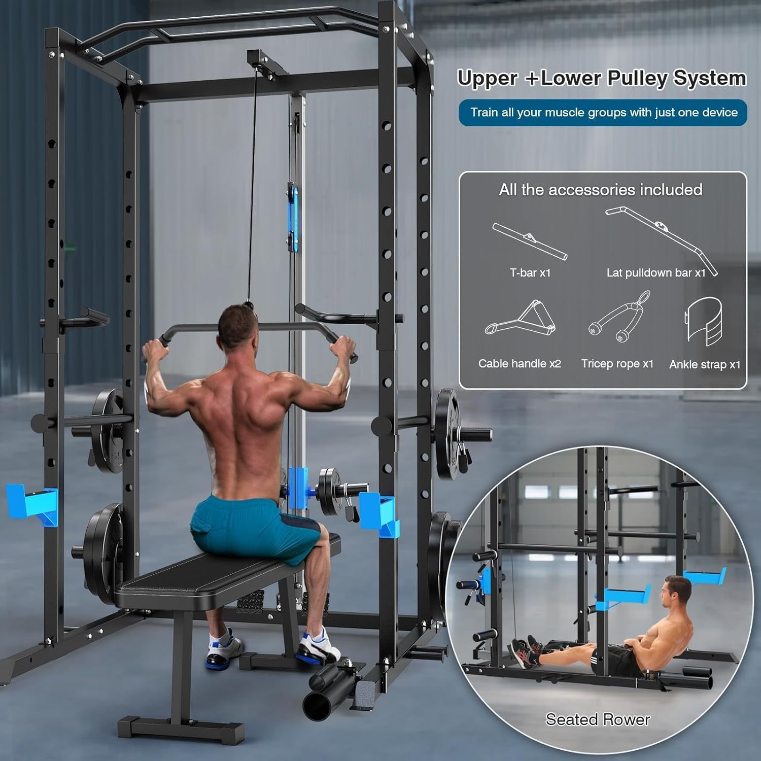 Multi-Functional Power Rack Cage J-Hooks Dip Handles Cable Pulley