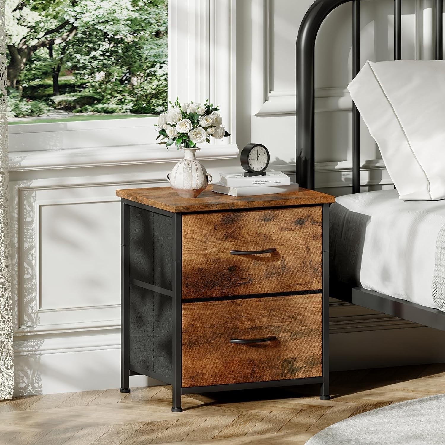 Rustic Wood Bedside Tables Set of 2 with Fabric Drawers, Industrial Nightstands