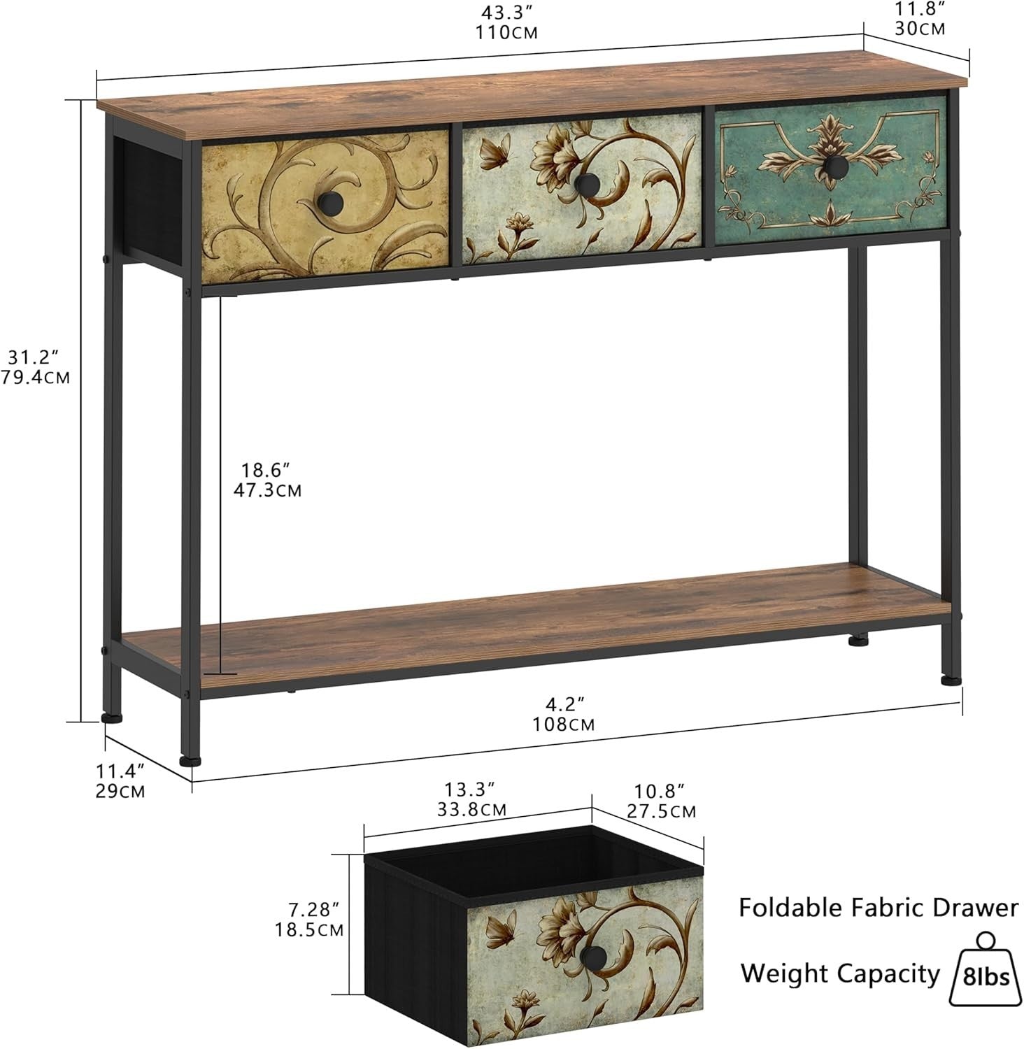 Slim Hallway Console Table with Drawers & Shelf – Rustic Wood Metal Frame