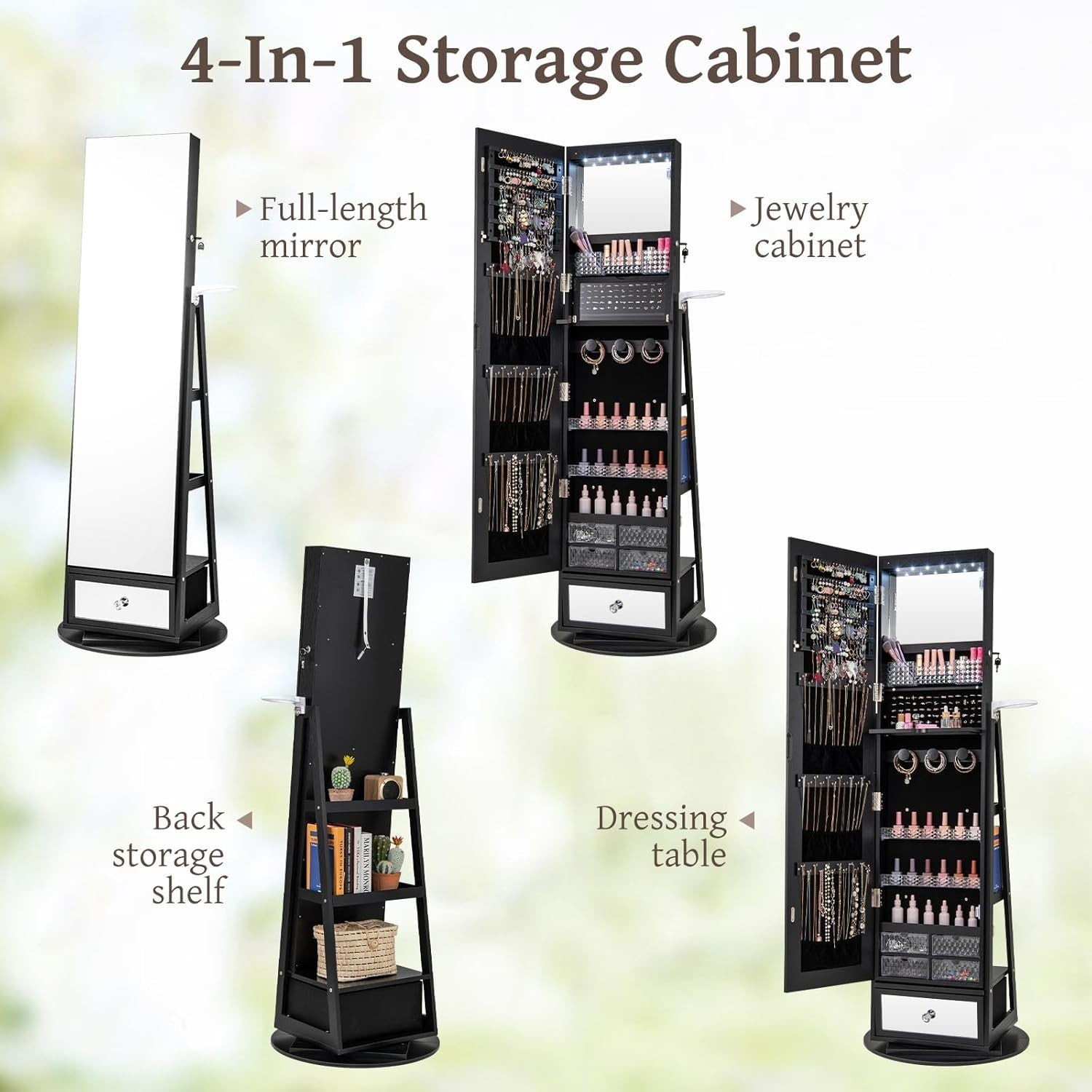360° Swivel Jewelry Cabinet LED Mirror Lockable Makeup Storage