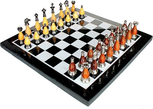 Luxury 15" Black Marble Chess Set – Inlaid Board + Brass & Wooden Handcrafted