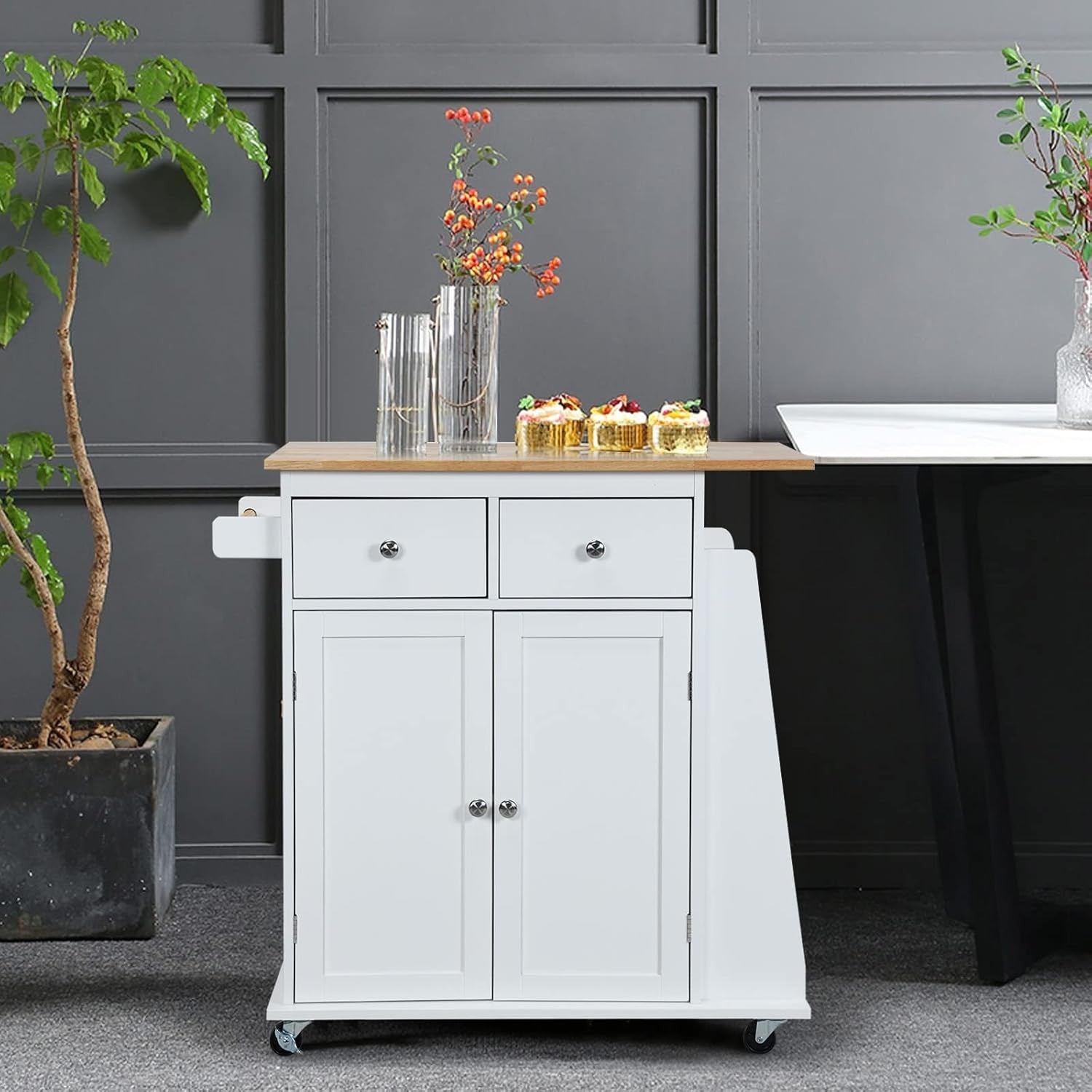 Kitchen Island Trolley with 2 Drawers & Spice Rack White 88x45x90cm
