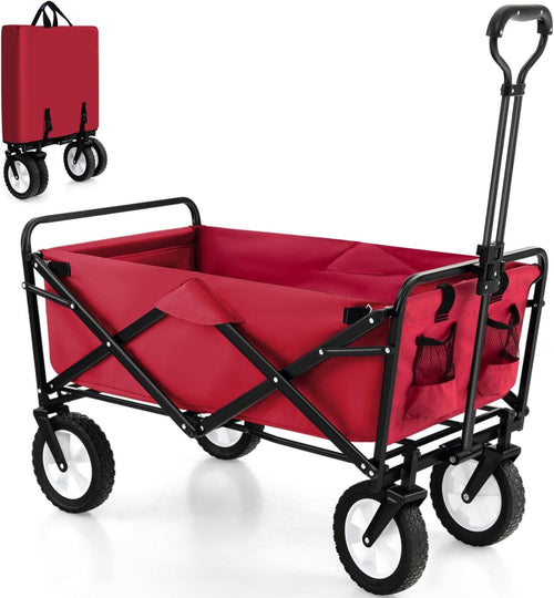 Red Folding Trolley Cart Heavy Duty Collapsible Garden Wagon Adjustable Handle